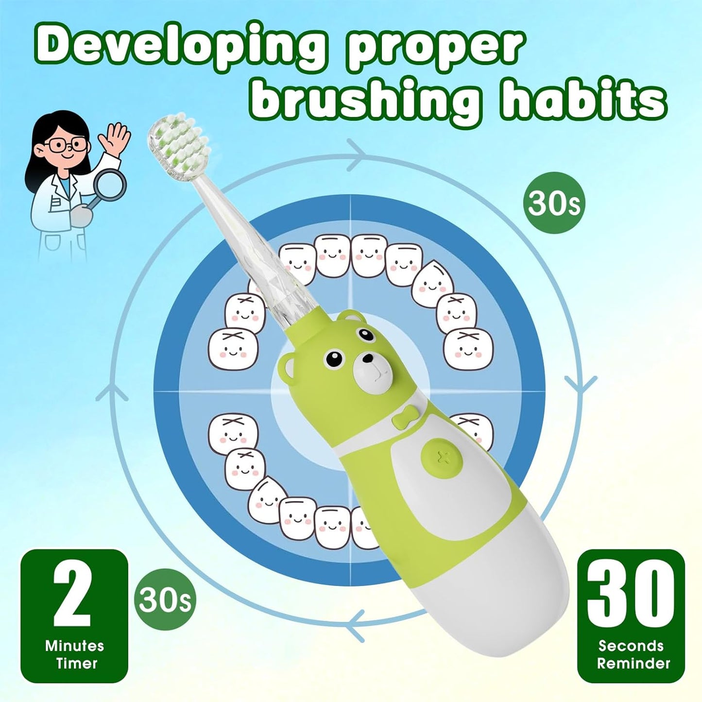 Kids Battery-Powered Electric Toothbrush for Toddler Ages 2-10, Extra Soft Bristles with 3 Cleaning Modes, 2-Min LED Timer IPX7 Waterproof Deep Clean