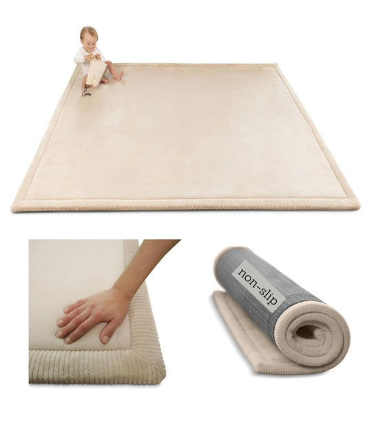 Premium Baby Play Mat 60”x 80” Beige – Cloud-Soft Coral Velvet Memory Foam Rug for Crawling & Play – Non-Slip, Water-Resistant, Care Tummy Time Mat – Non-Toxic Padded Playmat