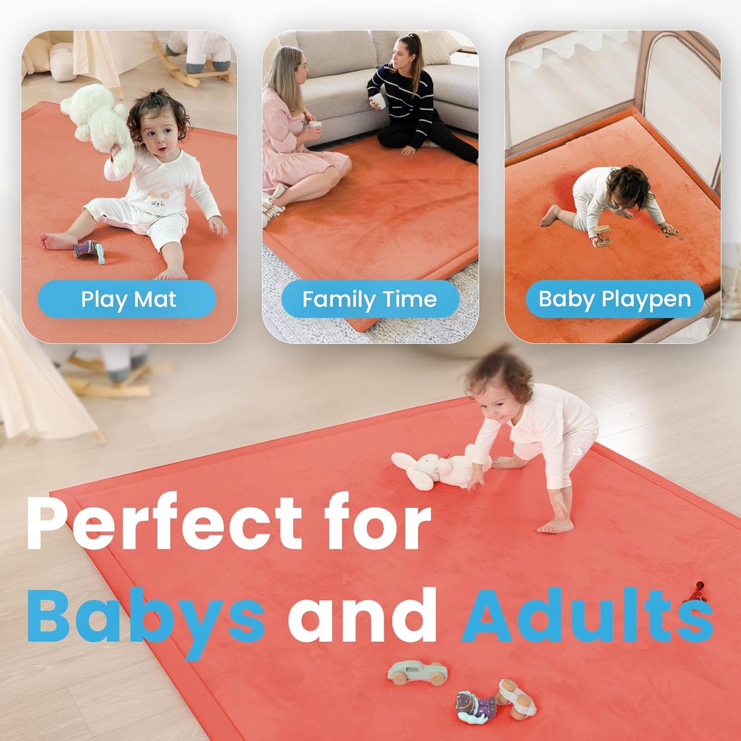 1.3" Thick Baby Play Mat,Ultra Soft Elasti-Foam 50×50 Playpen Mat for Tummy Time,Water-Repellent Coral Fleece Nursery Rug for Infants,Toddlers,Kids,Non-Slip Safe for Crawling(Brick)