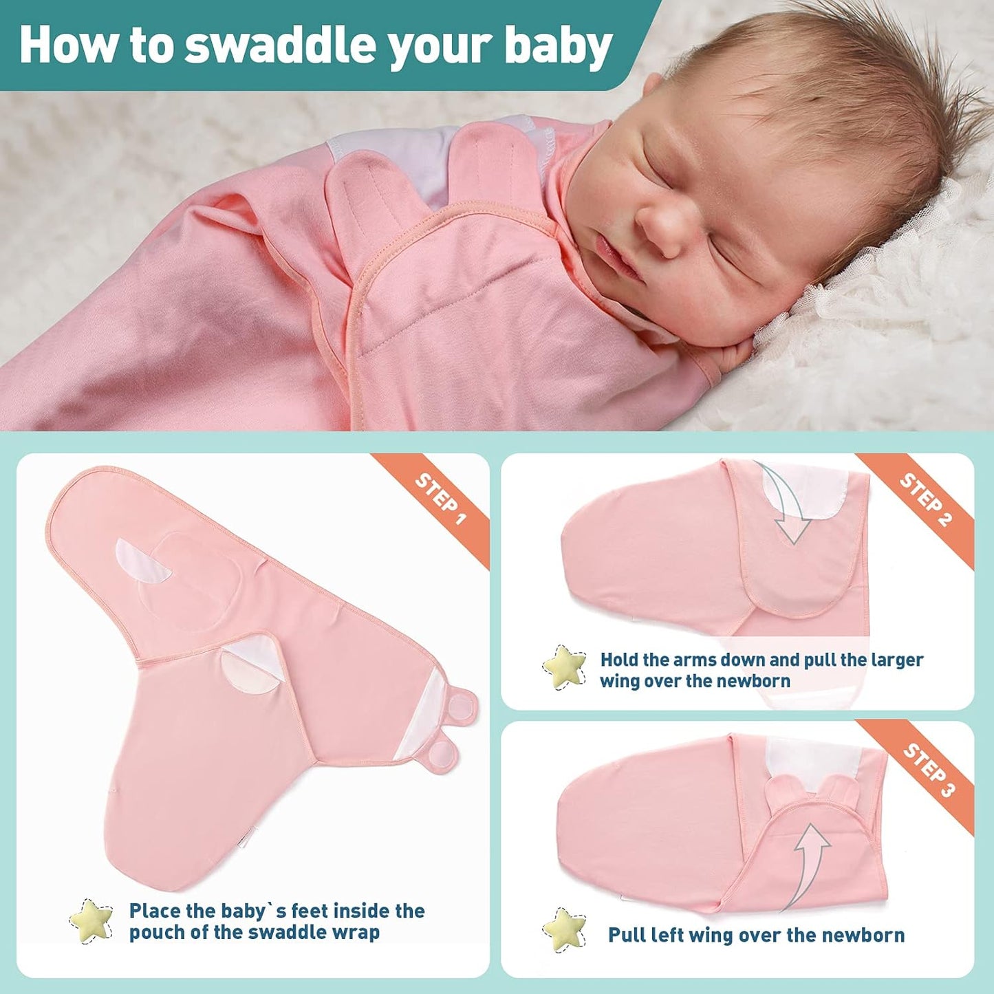 GLLQUEN BABY Swaddle Blankets for Baby Girls, Orange Pink Feather & Wave Point, 3 Pack Wrap Set, Newborn Adjustable Swaddles Sleep Sack, 0-3 Months (Small/Medium)