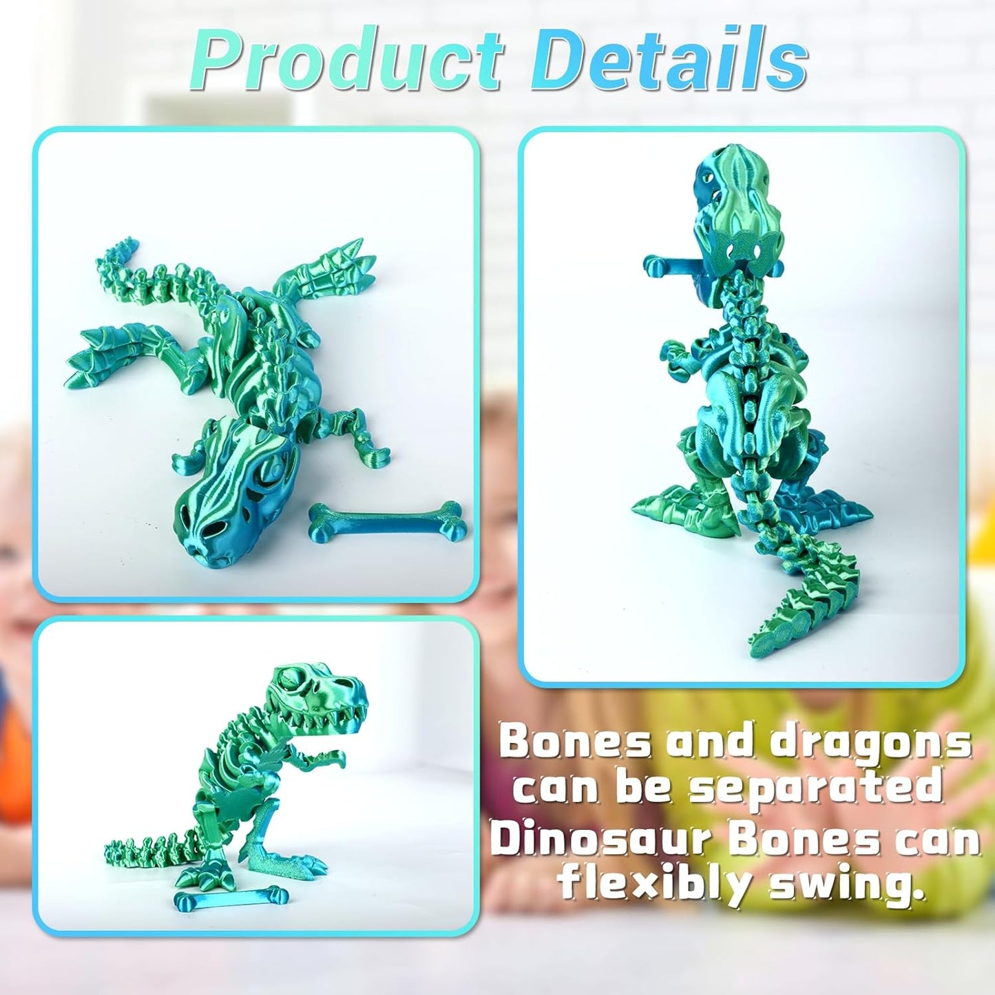 3D Printed Dinosaur Bones Tyrannosaurus Rex Skeleton with Movable Joints, 3D Model Skull T-Rex, Flexible Articulated Dinosaur Fidget Toys Adults for Autism/ADHD