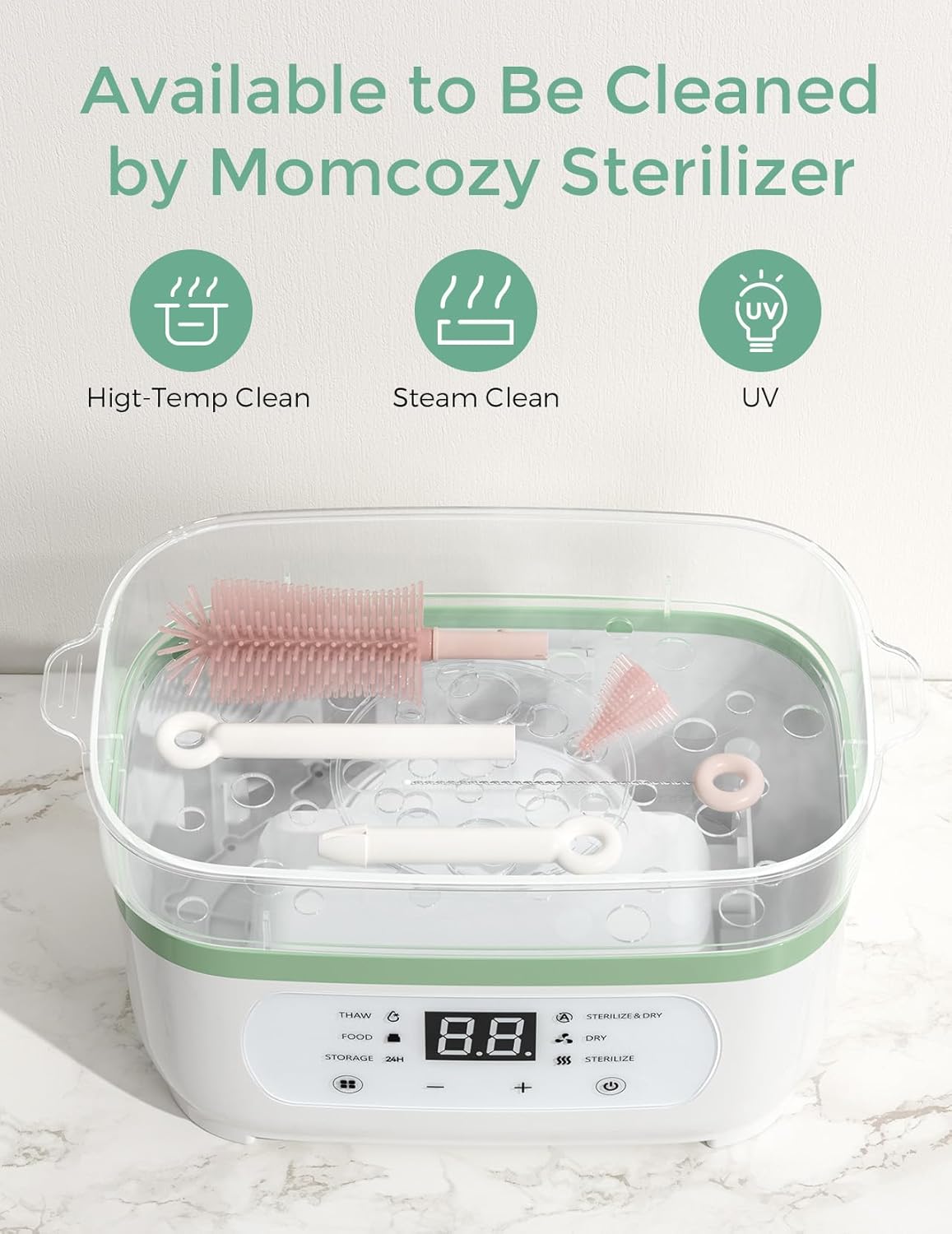 Momcozy Bottle Brush Set - Baby Bottle Cleaner Kit with Silicone Brush, Nipple Brush, Straw Brush, Soap Dispenser, Drying Rack - 7 in 1 Bottle Cleaning Tool for Home and Travel, Pink