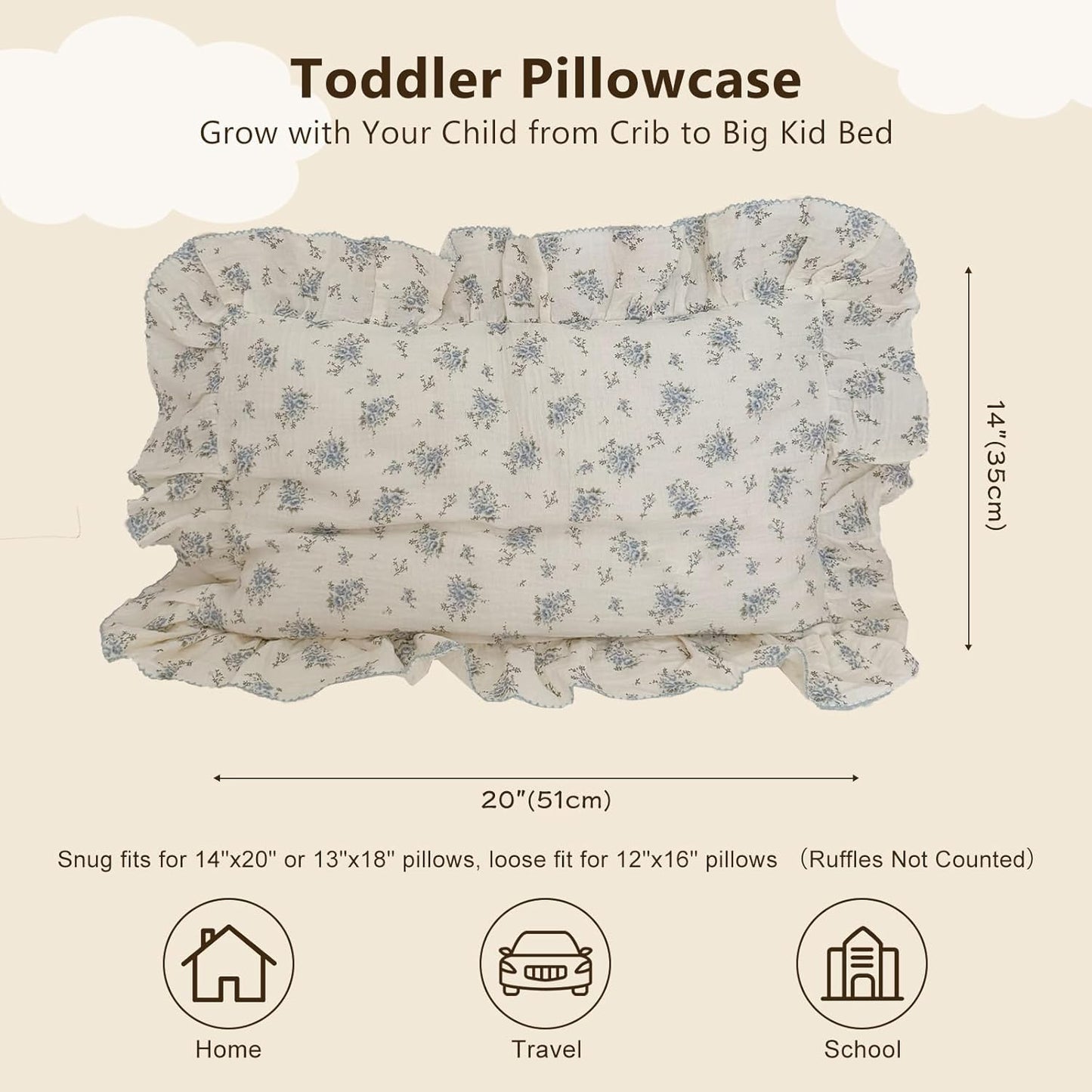 BuLuTu Cotton Muslin Toddler Pillowcases with Blue Flowers Print Soft Breathable Gauze Small Pillow Case for Toddler Boys Girls Nursery Decor, Shower Gift, 14"x20", 1 pc