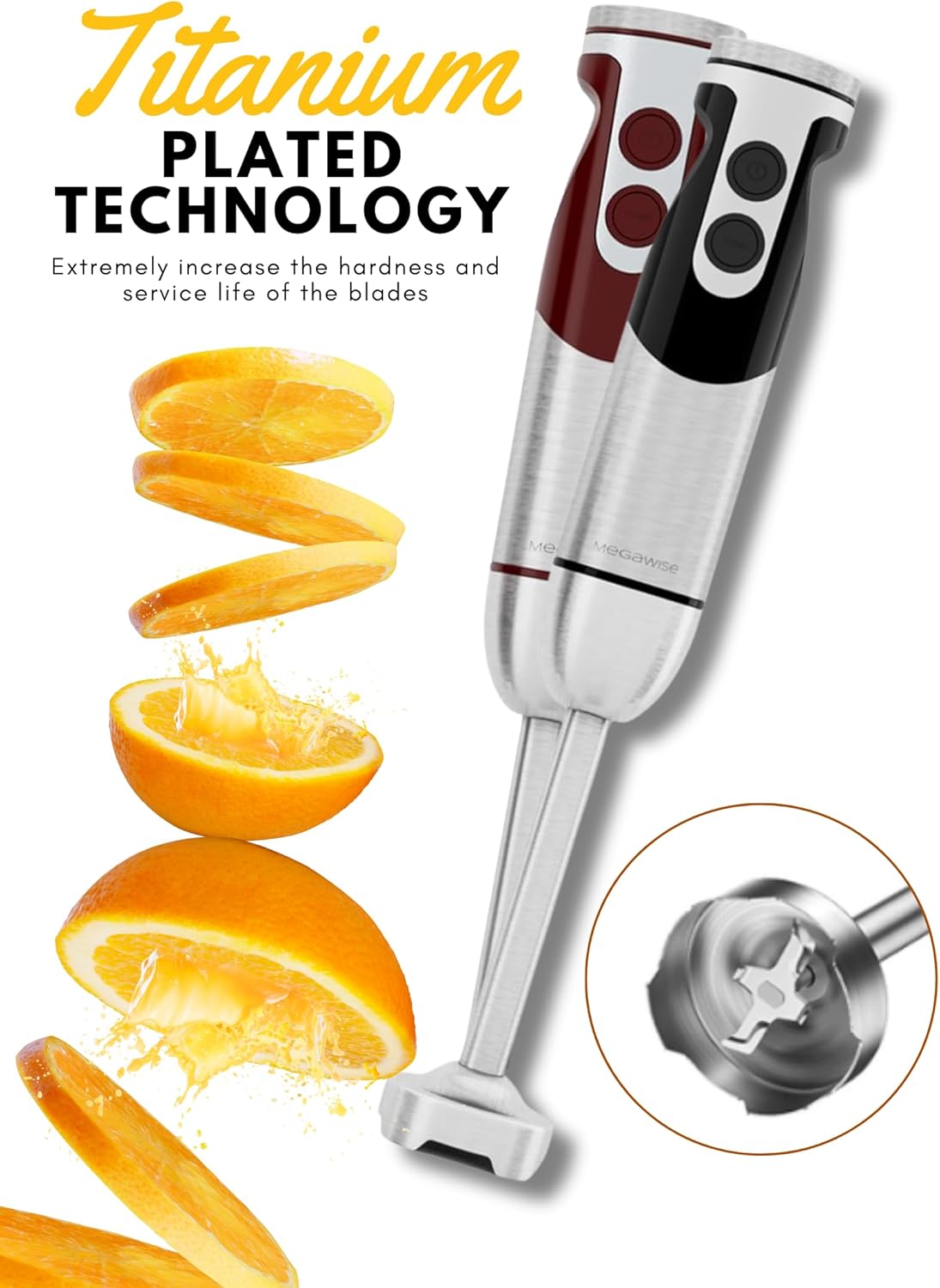 MegaWise Pro Titanium Reinforced 5-in-1 Immersion Hand Blender, Powerful 400W with 80% Sharper Blades, 12-Speed Corded Blender, Including 500ml Chopper, 600ml Beaker, Whisk and Milk Frother (Black)
