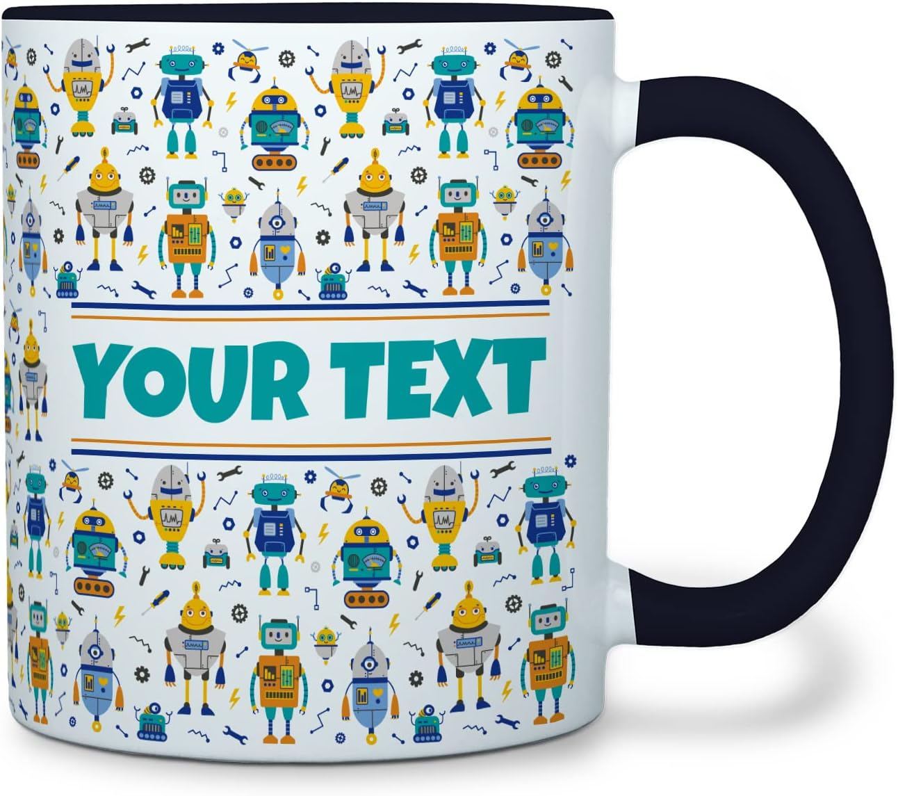 Personalized Mug for Kids - Robots - Custom Name/Text, Ceramic Hot Chocolate/Cocoa/Coffee Cup for Boys, Birthday/Christmas/Holiday Gift - 11 oz, Black Handle