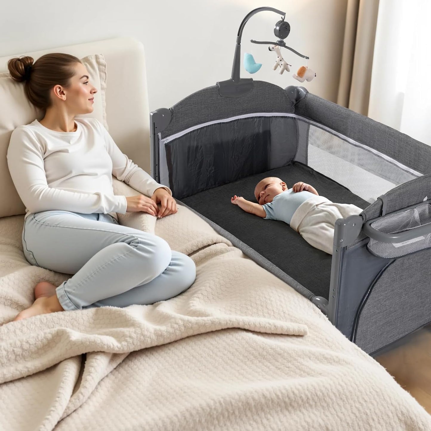 5 in 1 Baby Bassinet, Bedside Cribs, Pack and Play Changing Table, Portable Travel Baby Bassinet Toys & Music Box,Mattress for Girl Boy Infant Newborn (Grey)