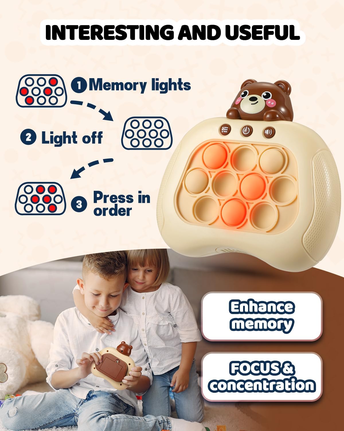 Quick Push Game Console ,4 Modes Games, A Toy Game Machine That Exercises Reaction Ability and Improves Concentration |Teens Boys & Girls Ages 3-12 Years Old & Up (Brown)