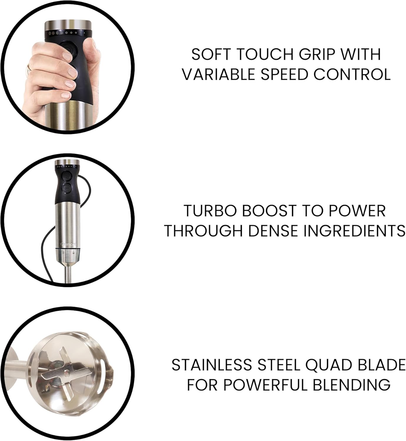 Kenmore Immersion Blender - Handheld Stick Mixer For Kitchen, Food Chopper, Whisk, Smoothie Milkshake Maker, Blend Baby Food, Protein Shake, Puree, Batidora De Inmersión Stainless Steel Blade, Black