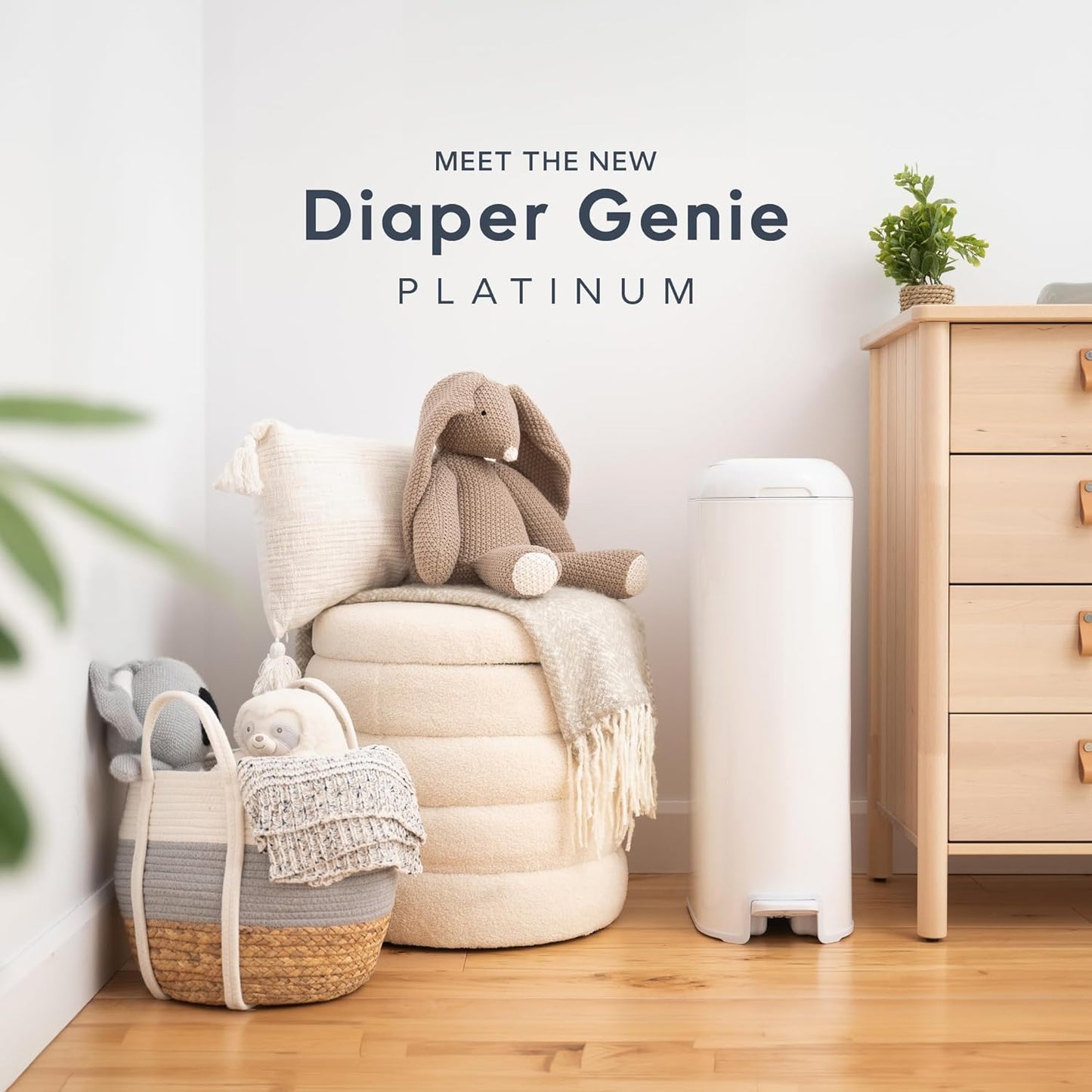 Diaper Genie Platinum Pail Gift Set, Lily White, Made of Durable Stainless Steel and Includes 2 Easy Roll Refills with 18 Bags and 30 Bags
