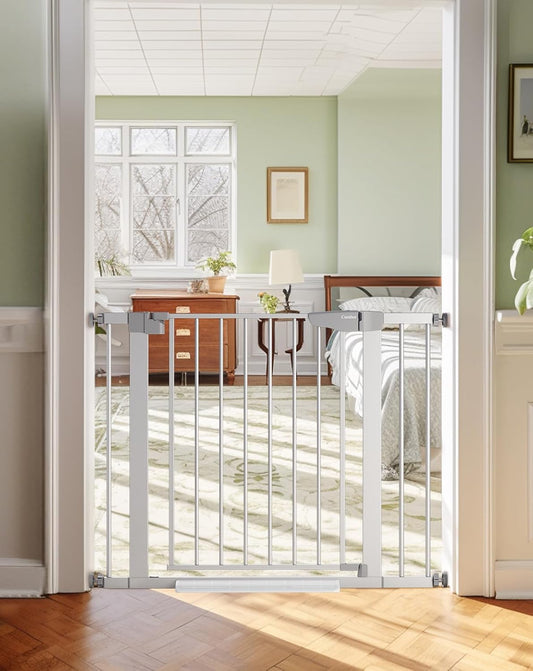 Cumbor 29.7-40.6" Baby Gate for Stairs, Mom's Choice Awards Winner-Dog Gate for Doorways, Pressure Mounted Self Closing Pet Gates for Dogs Indoor, Safety Child Gate with Easy Walk Thru Door, Silver