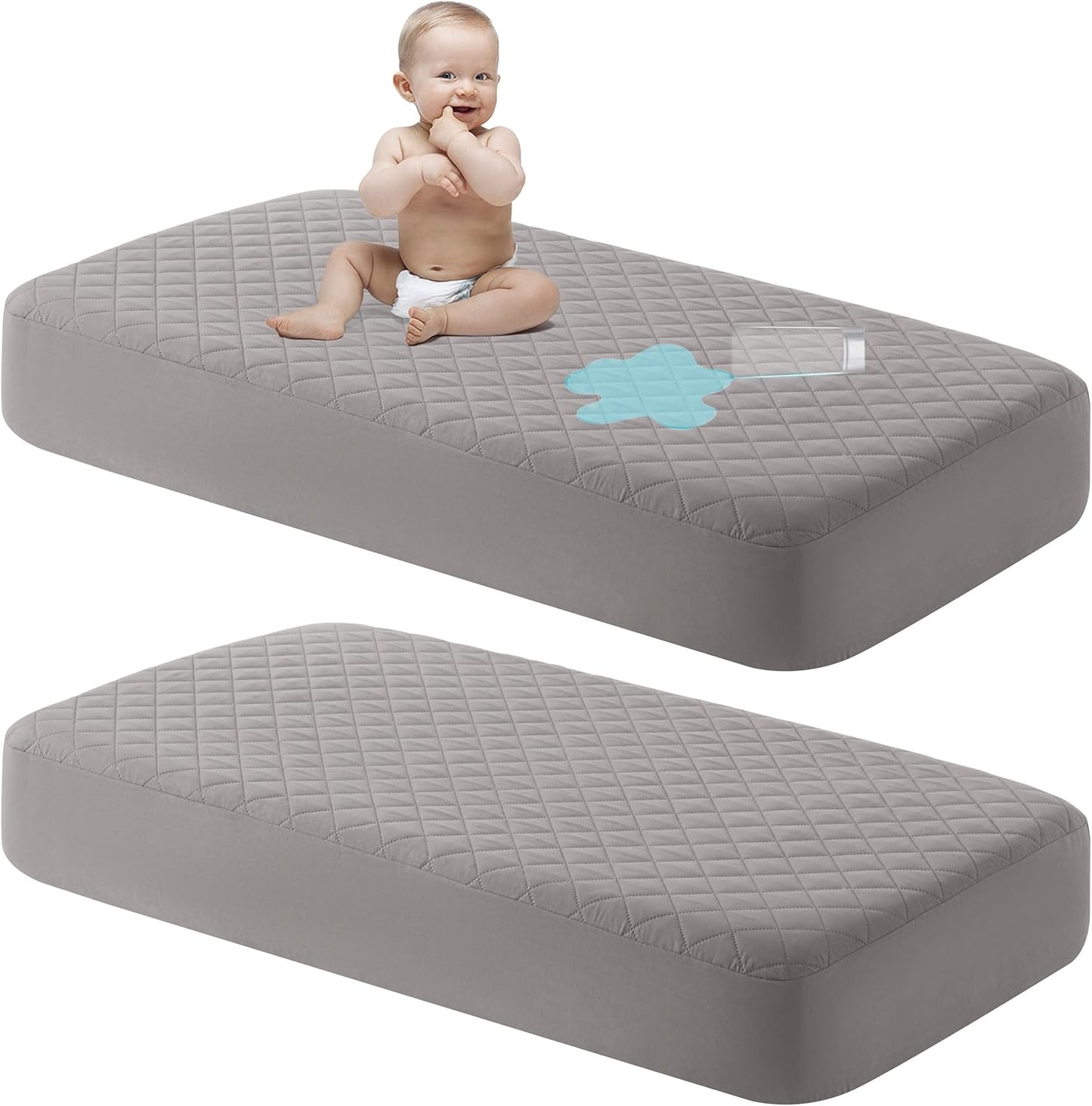 NTBAY 2 Pack Waterproof Crib Mattress Protector, Quilted 28"x52" Toddler Fitted Sheet - Machine Washable - Soft and Breathable Mattress Pad Cover for Crib, Nursery, Daycare, Cot, Smoke Grey