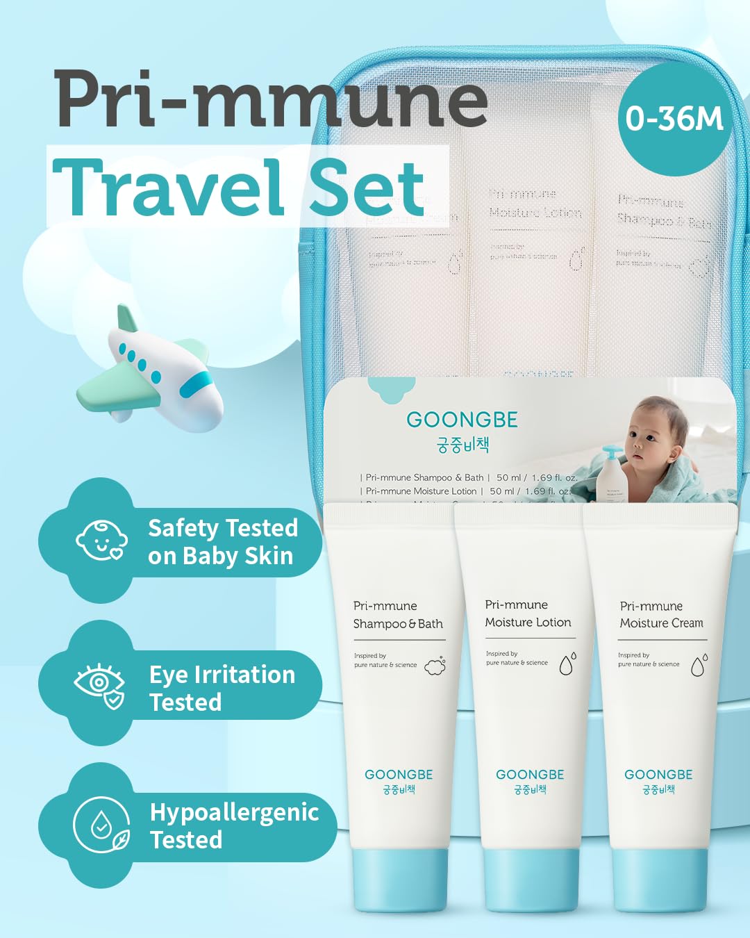 Baby Skincare Travel Set - Korean Baby Skincare & Bath Time Essentials - Shampoo & Bath, Moisutre Lotion, Cream - Hydrating & Nourishing, 3 Items