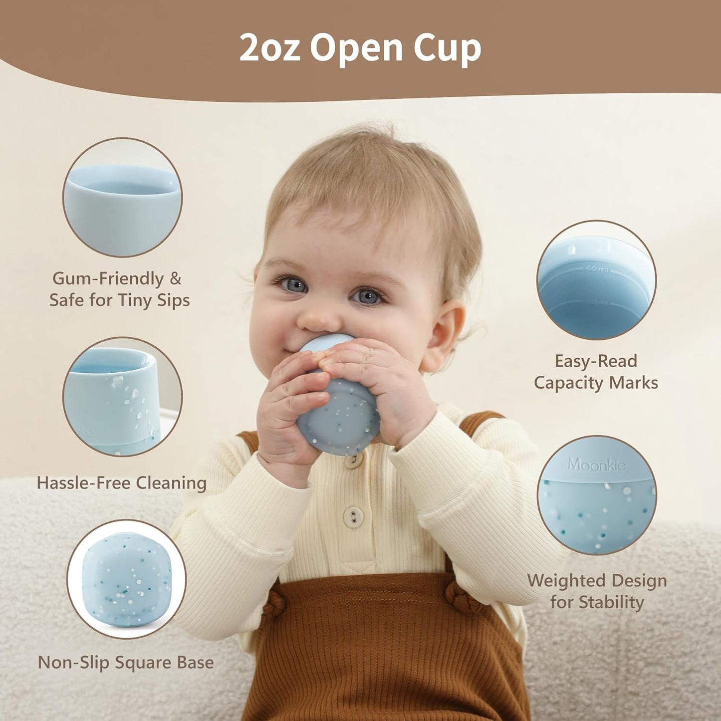 Moonkie Silicone Baby Cup 4 Months+ | Open Training Drinkware for Infants with Confetti Sprinkles | Baby-Led Weaning Essential | 2 oz (Soft Lilac, 1 Pack)