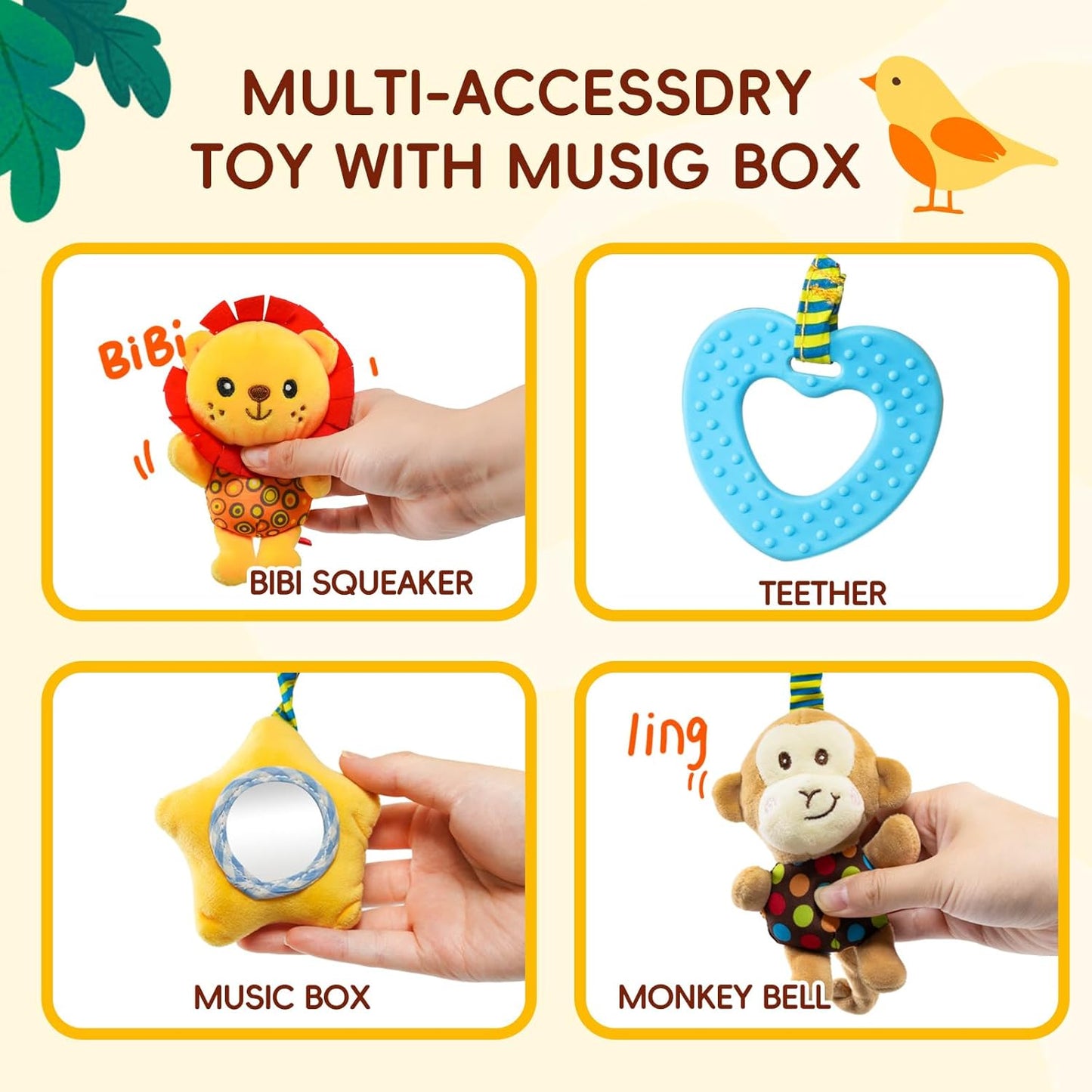 Jollybaby Crib Stroller Car Seat Toys for Baby 0-3-6-9-12 Months, Tummy Time Hanging Sensory Toys for Newborn with Music Box and Teether, Spiral Carseat Toy for Infant Boys Girls Gifts (Little Lion)