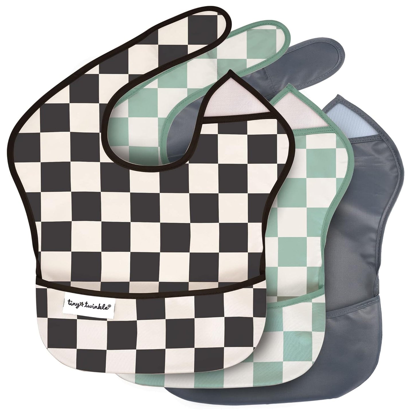 Tiny Twinkle Mess-Proof Baby Bib - Waterproof Bib for Baby Boy or Girl - Machine Washable - Adjustable Closure - PVC, BPA, & Phthalate Free - Great for Travel - Baby Food Bibs (3 Pack, Checkers Boy)