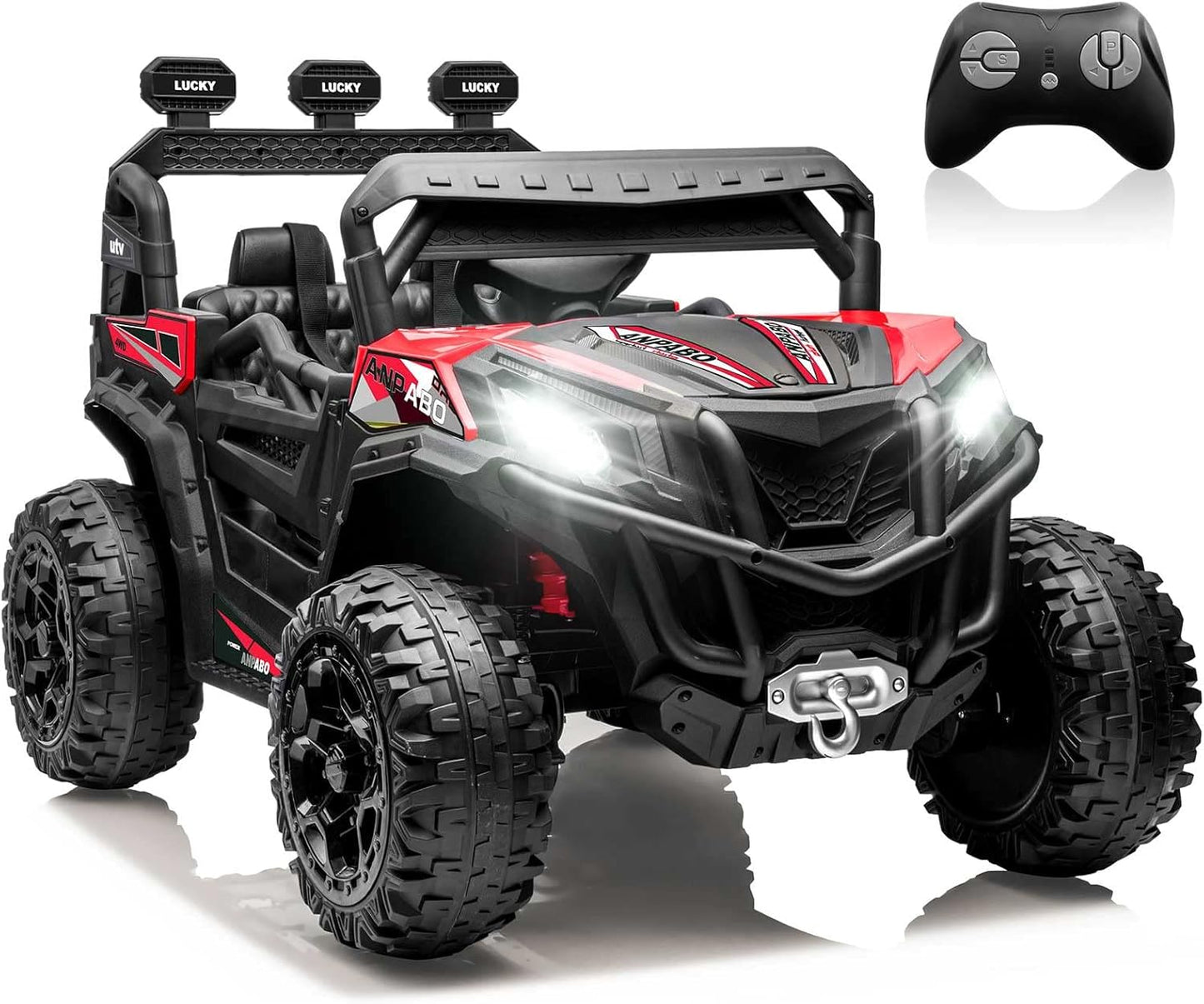 ANPABO 24V 4X4 Ride on Car Truck w/Remote Control, 4WD/2WD Switchable Kids UTV, 19" Spacious Seat, 4 Shock Absorbers, Soft Start, Music Player, Electric Car for Kids Ages 3+(Red)