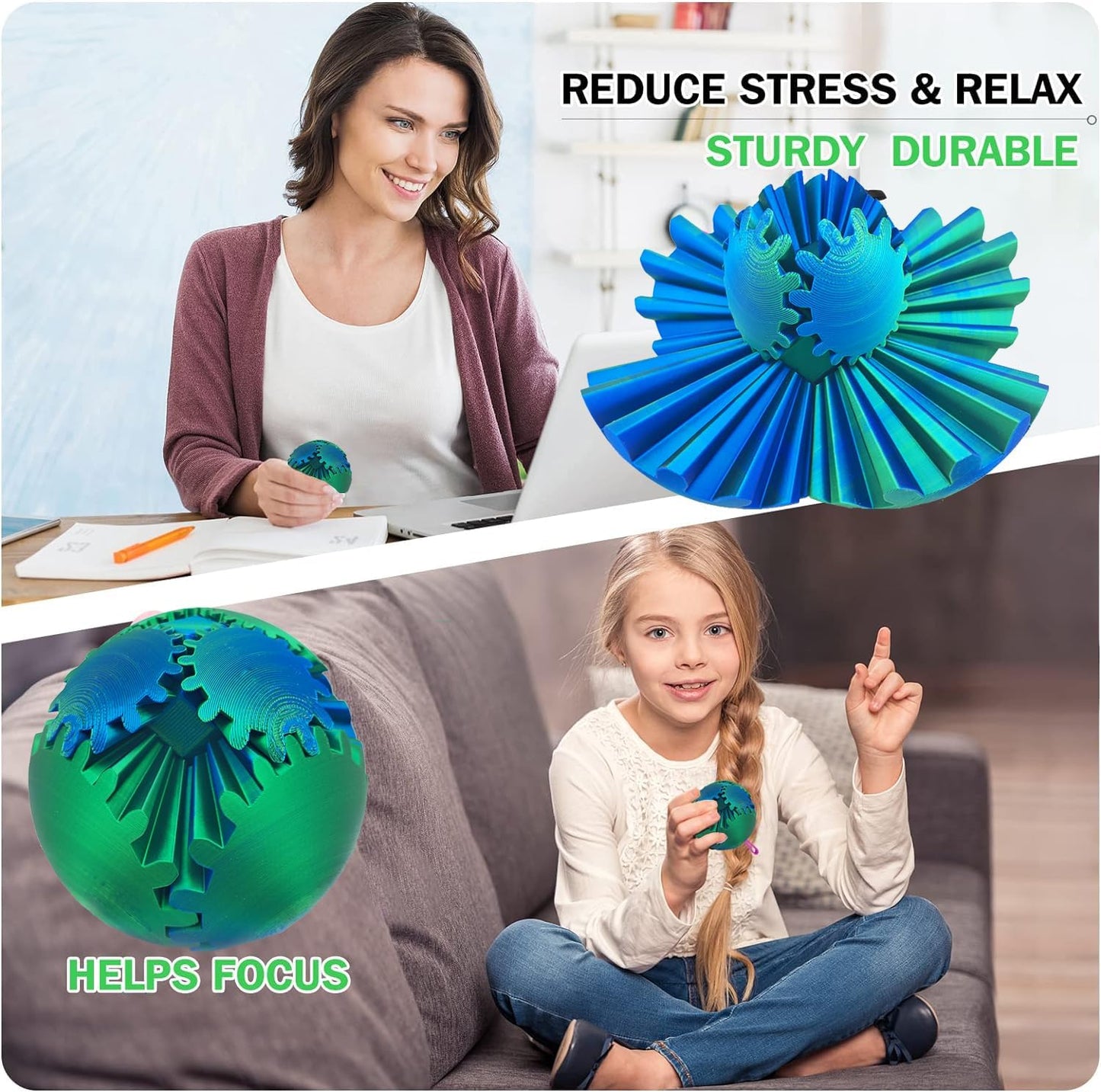 Gear Ball for ADHD 3D Printed Gear Ball Steampunk Whirling Wonder Fidget Toy Gearsphere Gear Ball for Stress and Anxiety Relaxing Fidget Ball Ideal for Sensory Needs and Autism (Laser Blue Green)