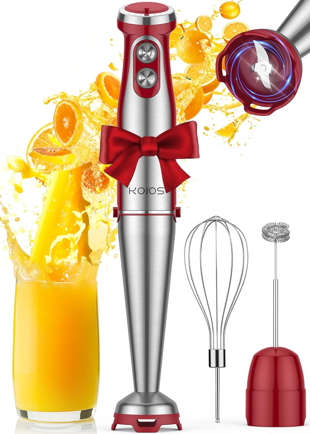 KOIOS Immersion Blender, 1000W Anti-scratch 3-in-1 Hand Blender, Upgraded 12 Speed Stainless Steel Blade Stick Blender with Turbo Mode, Whisk and Milk Frother, Non-BPA, Red