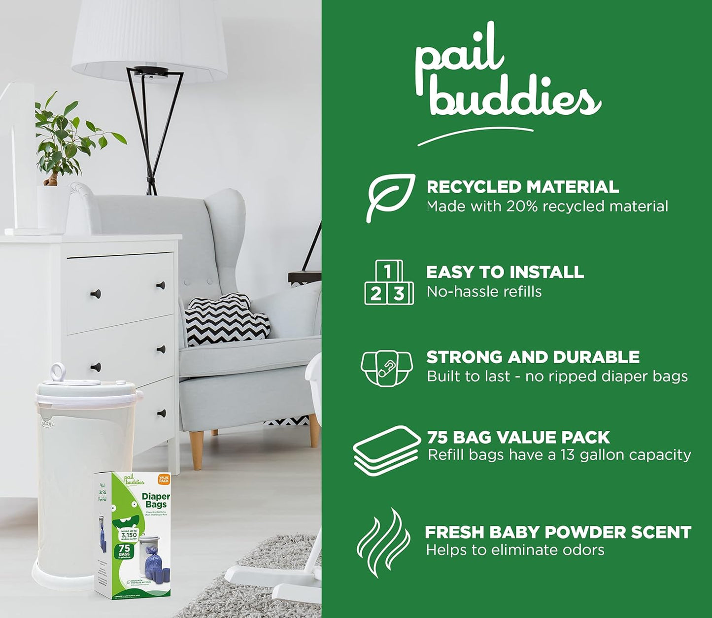 Pail Buddies Diaper Bags, 75 Count, Fresh Powder Scent, Compatible with Ubbi Diaper Pail, Made with Recycled Material, 13 Gallon Capacity, Strong and Durable