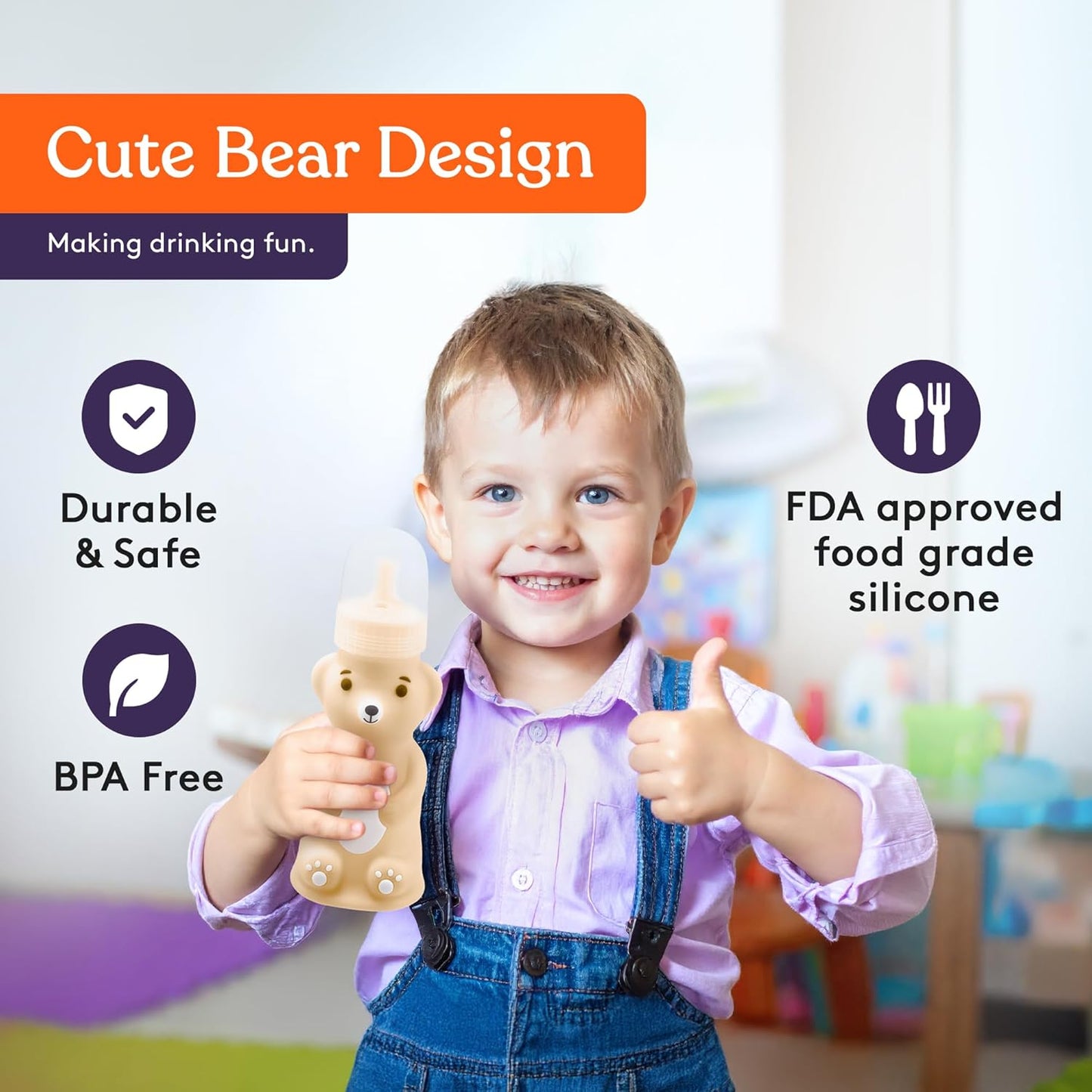 Special Supplies Honey Bear Straw Cup Long Straws, Squeezable Therapy and Special Needs Assistive Drink Container, Spill Proof and Leak Resistant Lid (Pack of 1 Bottle and 3 Straws) (Brown)