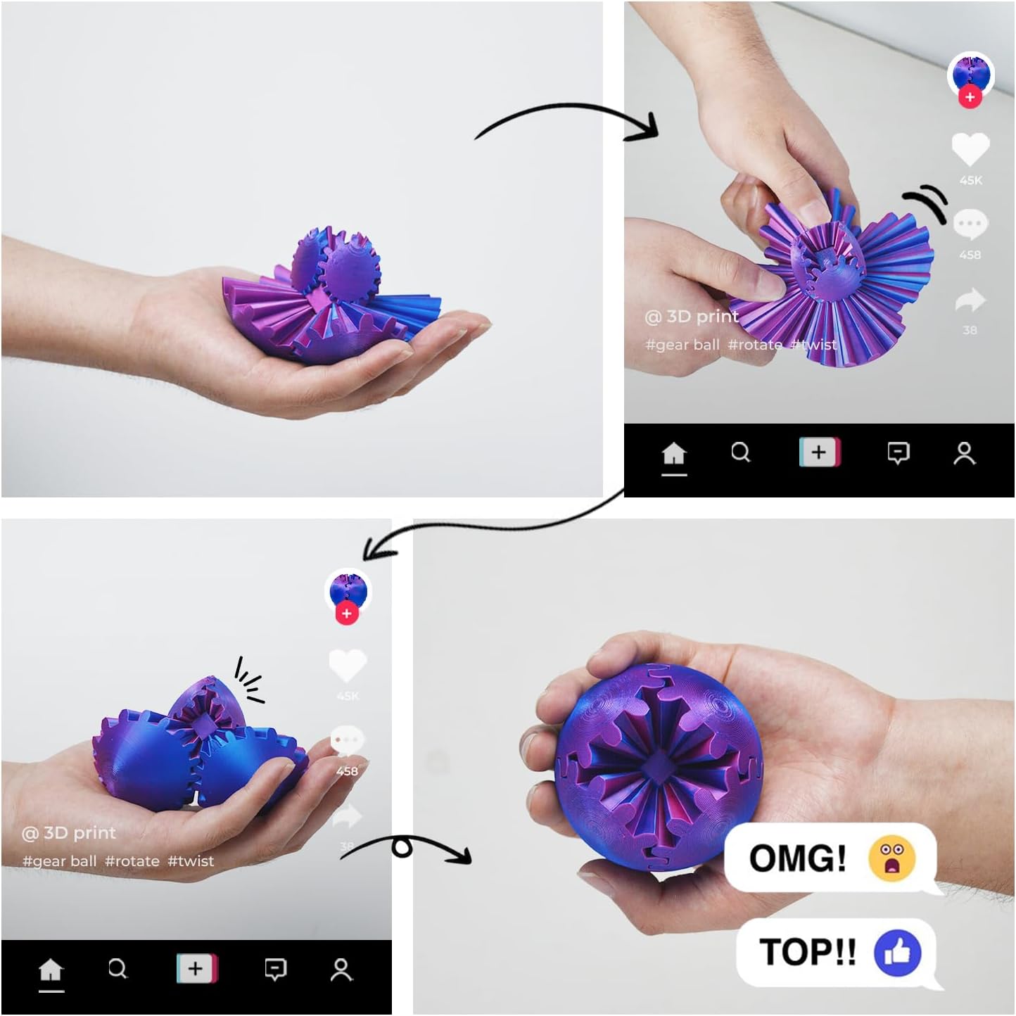 3D Printed Gear Ball ，Gear Ball Spin Ball or Cube Fidget Toy，Gear Sphere Desk Toy,Gift for Stress and Anxiety Relief (blue&green)