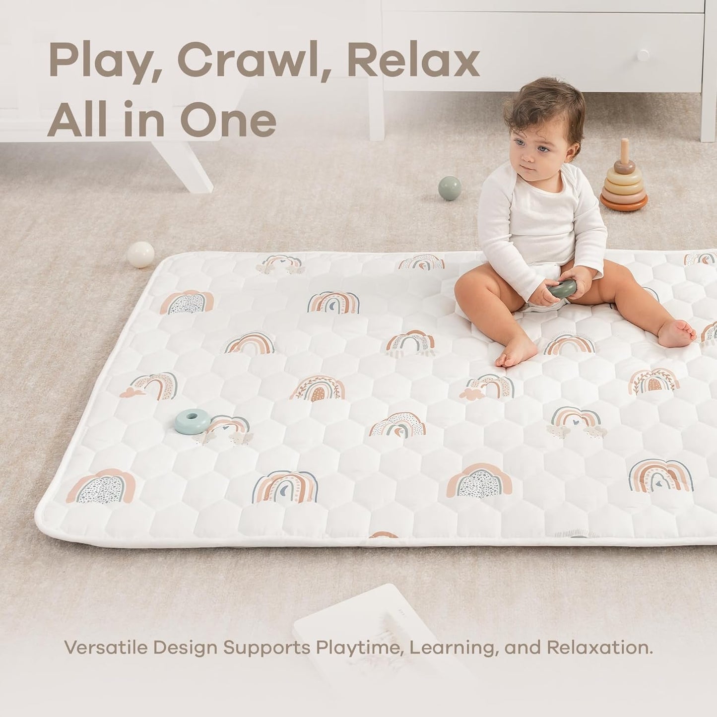 Comfy Cubs Rectangle Kids Play Mat - Small 36 x 60 inches Soft Quilted Baby Floor Mat with Non-Slip Bottom - Plush Design for Toddlers' Playtime and Relaxation - Comfortable and Durable - Rainbow