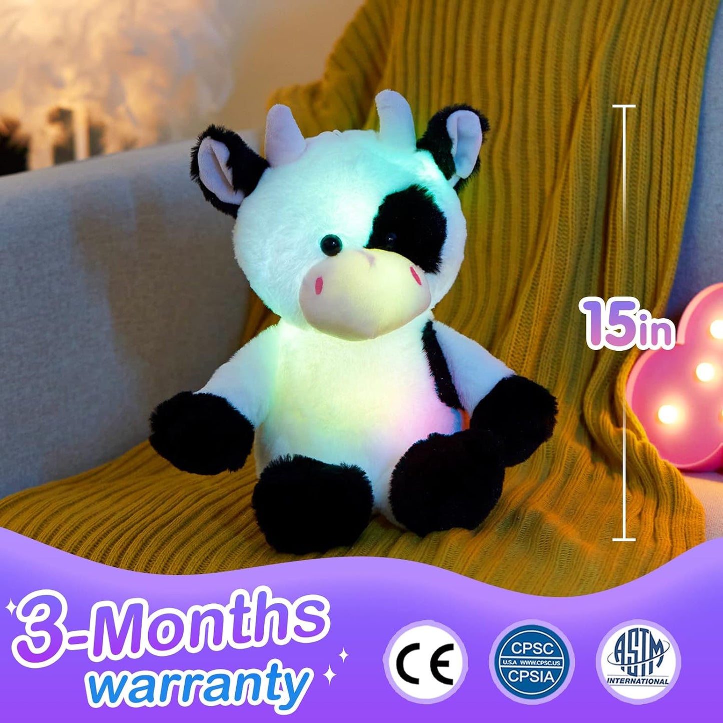 Glow Guards Light up Cow Stuffed Animal Adorable Glow Soft Farm Animal Plush Toy with LED Night Lights Birthday Christmas Children's Day Gifts for Toddler Kids, 15''