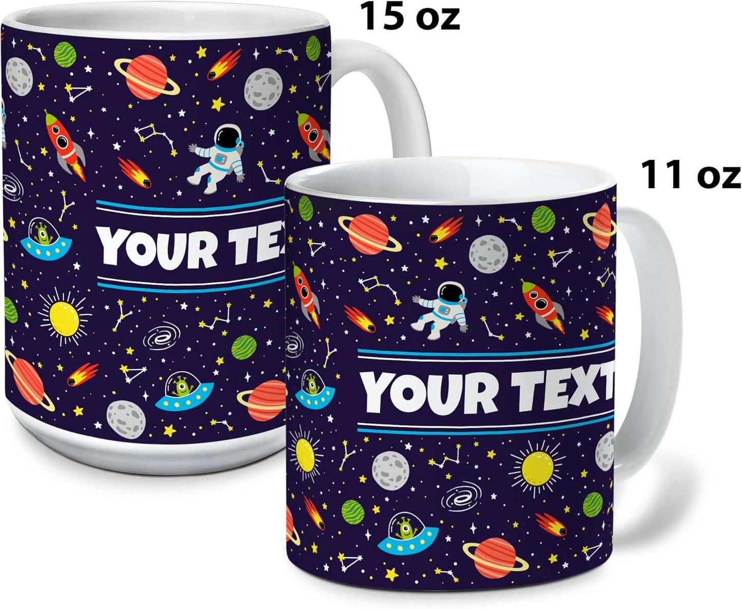 Personalized Mug for Kids - Outer Space - Custom Name/Text, Ceramic Hot Chocolate/Cocoa/Coffee Cup for Boys/Girls, Birthday/Christmas/Holiday Gift - 15 oz, Pink Handle