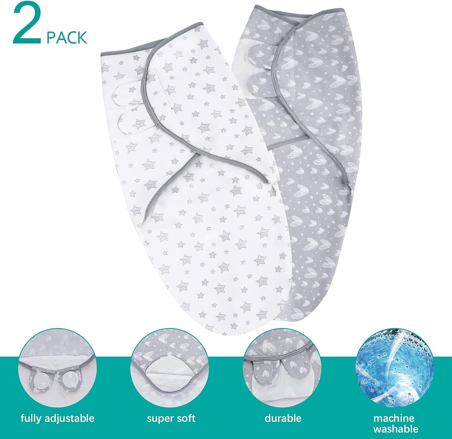 Biloban Baby Swaddles 0-3 Months for Boy Girls, Newborn, Organic Cotton Adjustable Blanket, Lovely Grey Print, 2 Pack