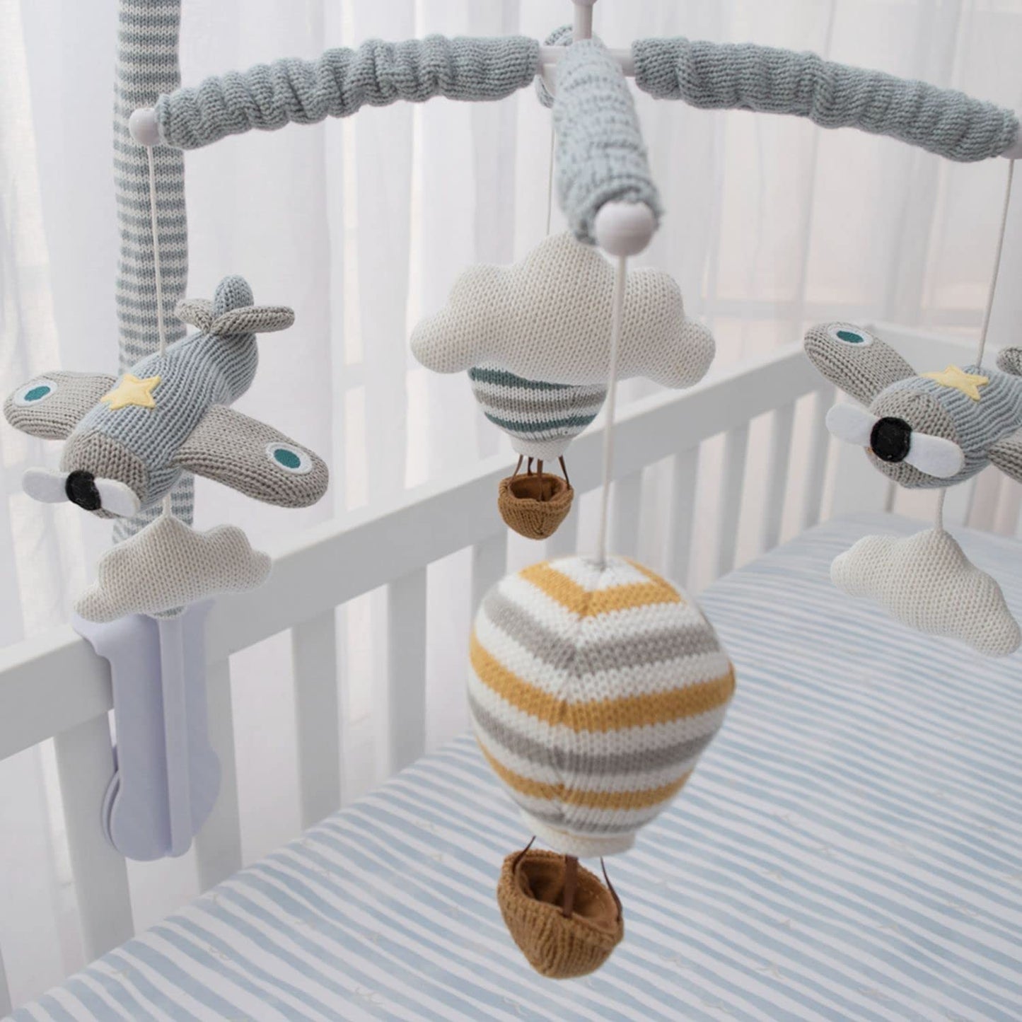 LIVING TEXTILES Baby Music Mobile - Up & Away Crib Toy, Sky Hot Air Balloon,Clouds Planes, Musical Nursery Decor, Calming Soother with 12 Lullabies Essential Perfect Toy for Boys Girls, Blue
