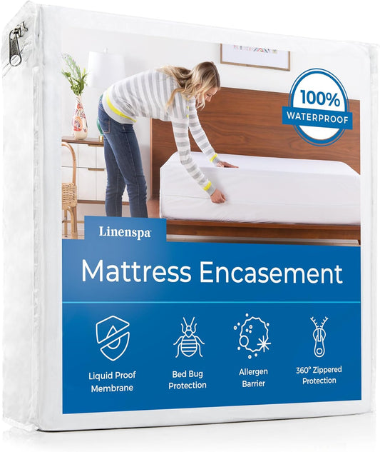 Linenspa Zippered Mattress Encasement – Twin Size Waterproof Mattress Protector – Quiet Cover & Complete protection – Dorm Room Essentials, White
