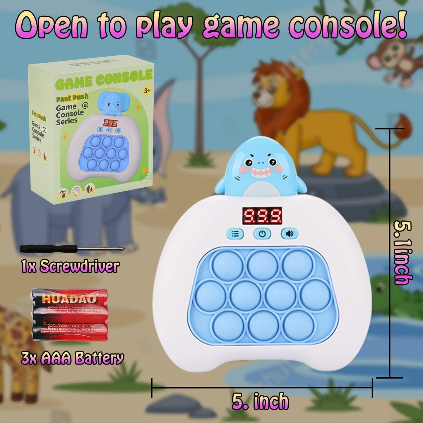 Quick Push Console Game, Pop Game Light up Fidget Toy, Handheld Puzzle Game Fast Push Bubble Game with Game Clearance Screen for Kids Teens Adults (Shark)