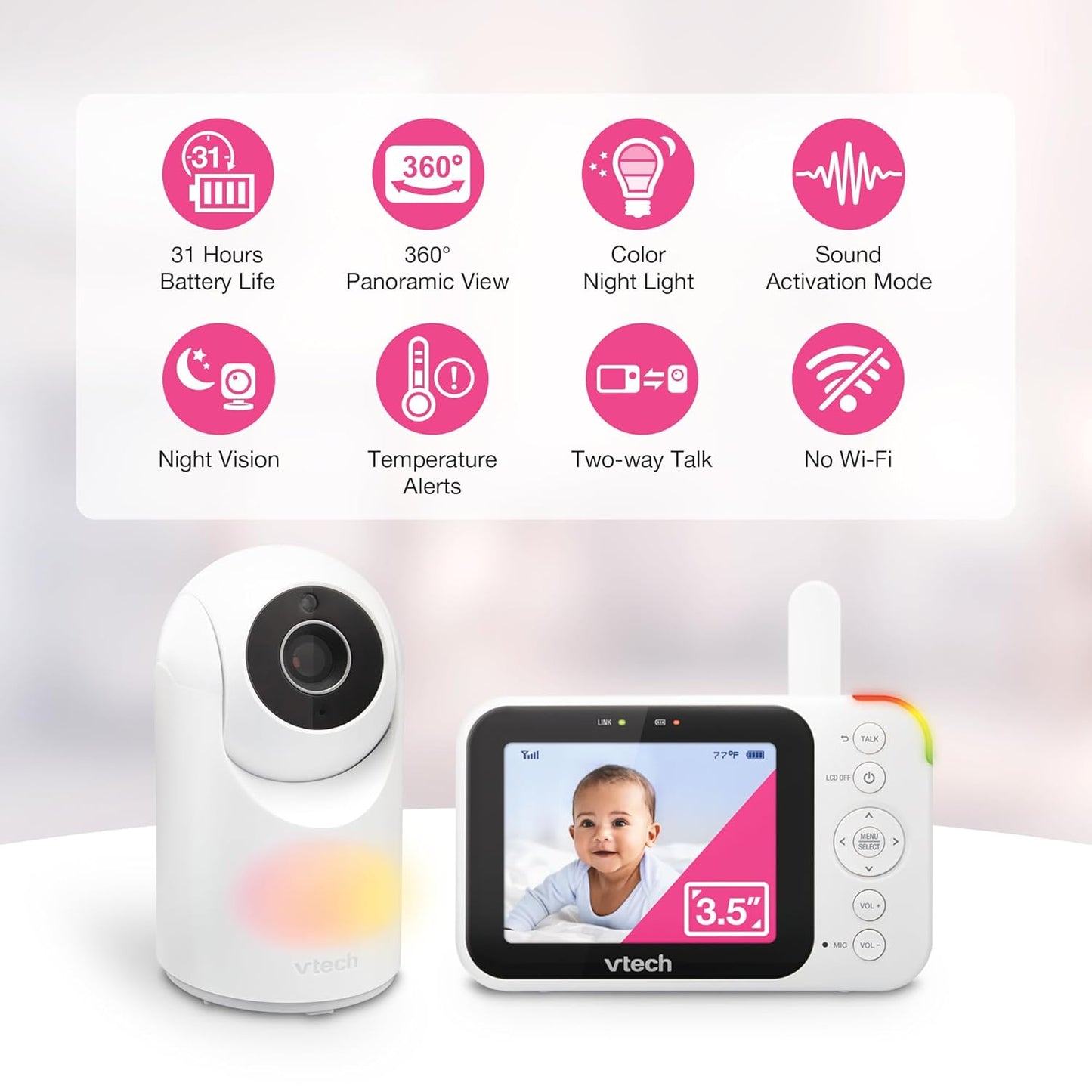 VTech Video Baby Monitor with Camera and Audio, 3.5" LCD Screen, Pan-Tilt-Zoom, 2-Way Talk, VOX Mode, Night Light, Lullabies, Soothing Sounds, Temperature Sensor, Long Range, No WiFi: VM4263 (White)