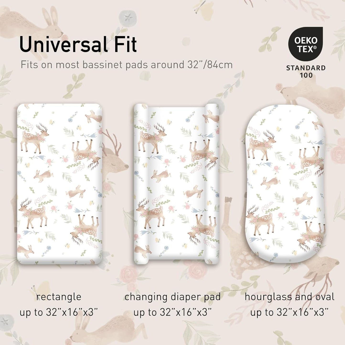 Gllquen Baby Bassinet Sheets 4 Pack, Breathable Cozy Fitted Mattress Sheet, Elastic Travel Crib Fashionable Floral Pattern, Standard Cradle Safe Sheets for Baby Boys Girls 32"x16"(Deer & Rose)