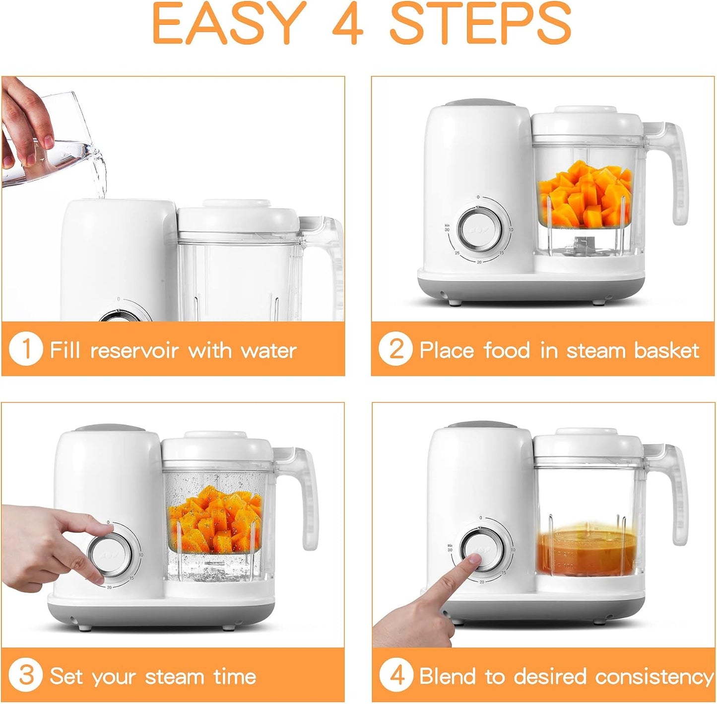 Baby Food Maker, 4 in 1 Baby Food Processor and Steamer, Puree Blender, Multifunctional Baby Puree Maker, Dishwasher Safe (White)