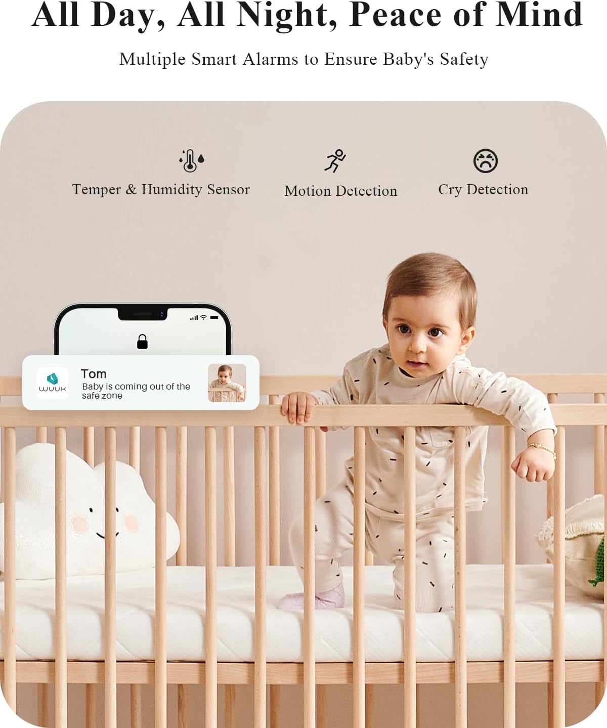 WUUK 2K Video Baby Monitor, 5.5'' Baby Monitor with 360 PTZ Color Display with 135° Wide Angle, 3700mAh Battery, Ultra-clear Night Vision, Baby Camera with App, Temper & Humidity Sensor, Cry Detection