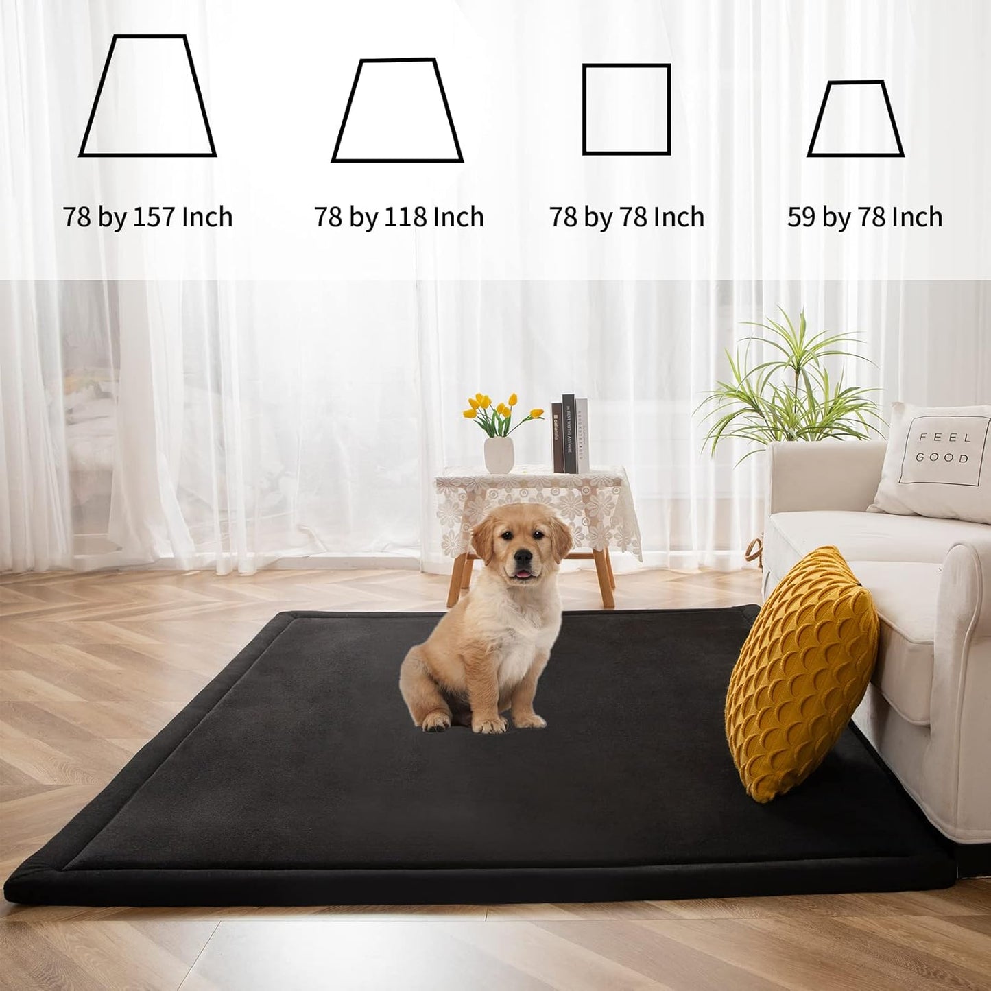 MAXYOYO Black Coral Velvet Area Rug, Thick Japanese Tatami Mat Living Room Carpet with Non-Slip Backing, Large Solid Color Mat for Bedroom Dormitory Yoga, 49 by 49 inch