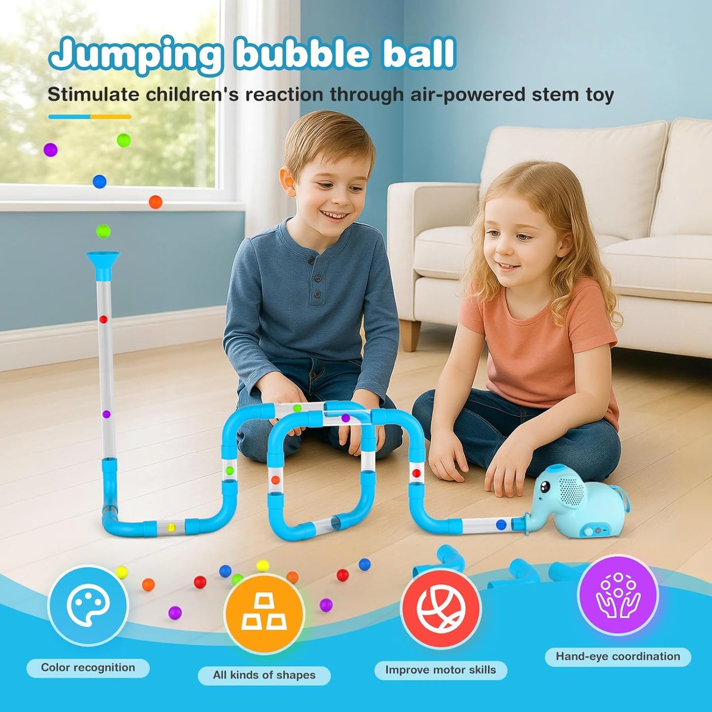 STEM Air-Powered Building Toys for Kids Ages 3 4 5 6 7 8+– Educational Air Tubes Toy& Turbine Set with 30 Foam Balls – Rechargeable Construction Kit for Boys & Girls – Fun Science Gift for Teens