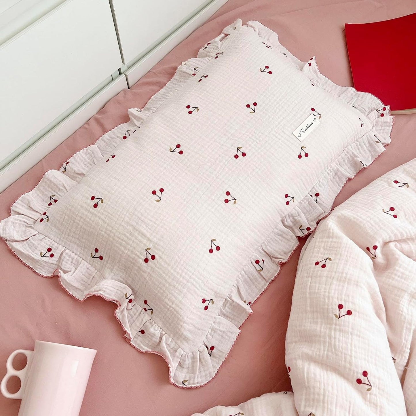 BuLuTu Cotton Muslin Kids Toddler Pillowcase Cherry Pattern, Soft Travel Pillow Ruffle Edge Nursery Pillow Case for Boys Girls, Bedding Decor, Durable Pillowcases 14"x20", 1 Piece