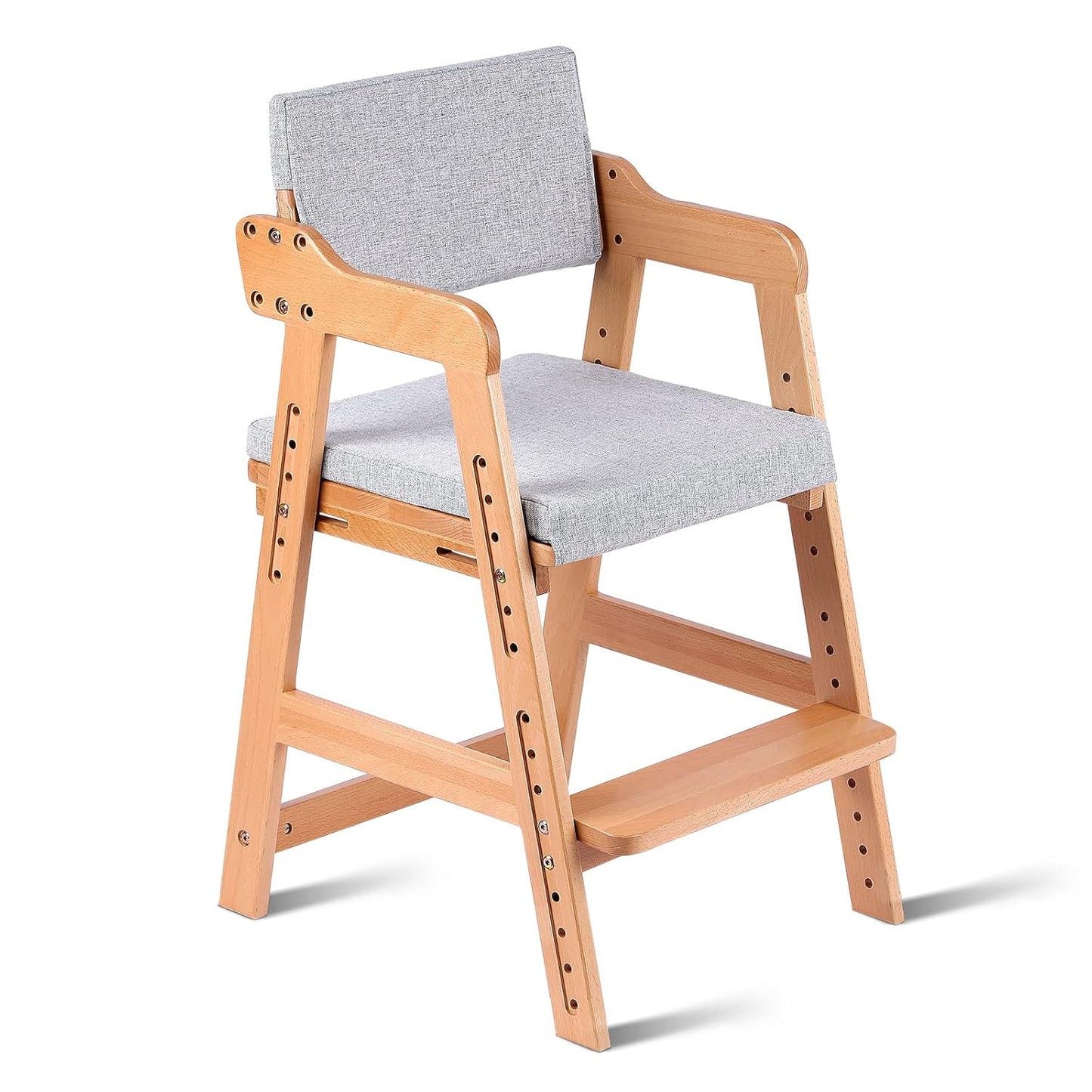 Ezebaby Wooden High Chair, Adjustable Highchair for Toddlers to Teens with Steps, Kids Dining Chair, Study Chair with Removable Cushion (Natural Color)