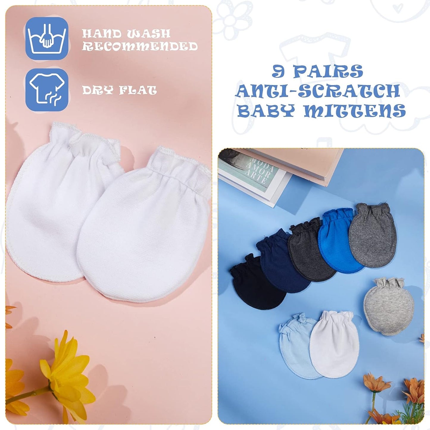 9 Pairs Newborn Baby Boys Girls Mittens 0-6 Months Infant Toddler Mittens No Scratch Solid Color Gloves