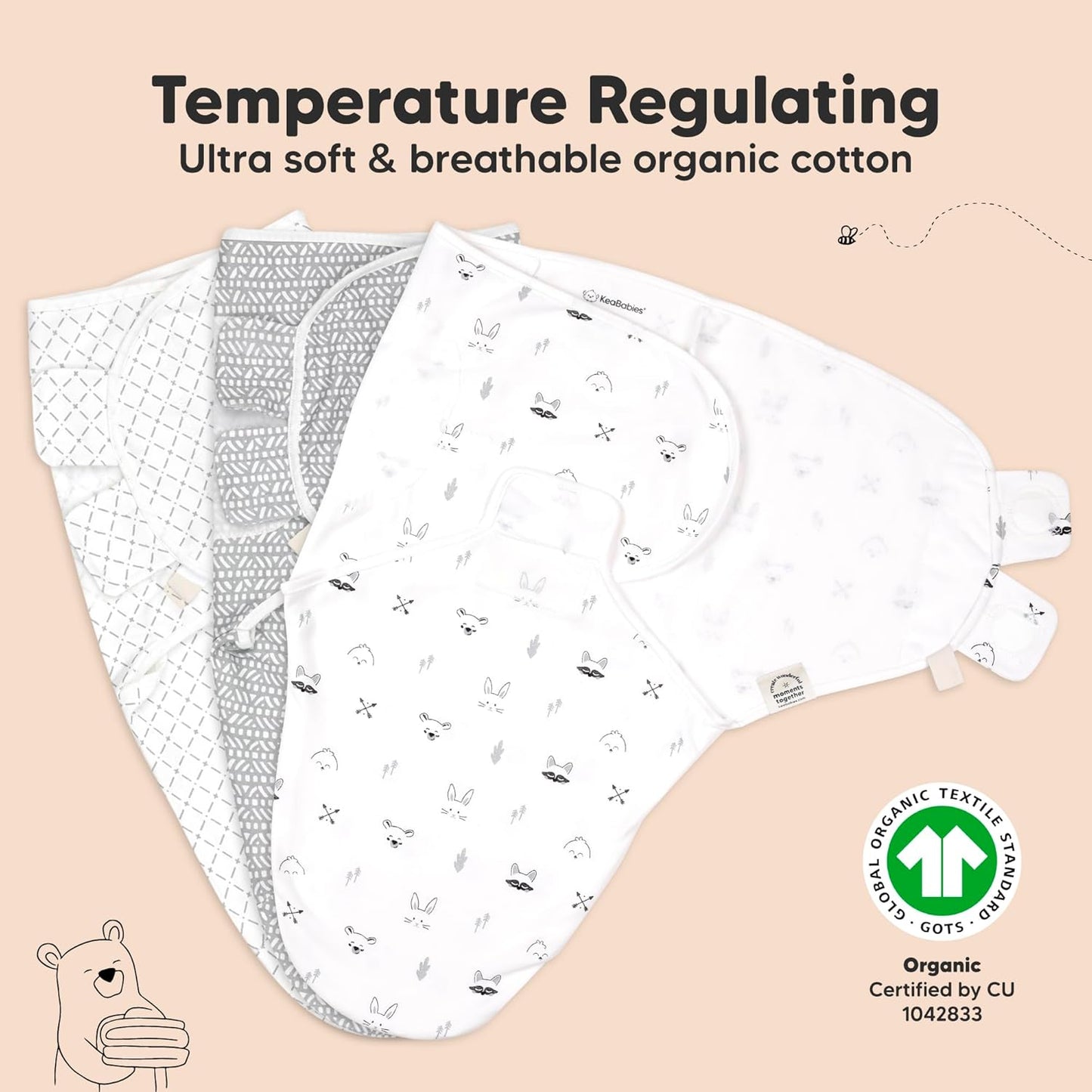 KeaBabies 3-Pack Organic Baby Swaddle Sleep Sacks - Swaddles for Newborns, Infant 0-3 Months, Baby Girls, Boys, Soft & Snug Newborn Sleep Sack, Nursery Swaddling Blankets (Nordic)