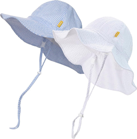 Baby & Toddler Wide Brim Sun Hats UPF 50+ Sun Protection Bucket Cap Cute Adjustable Hat in Seersucker