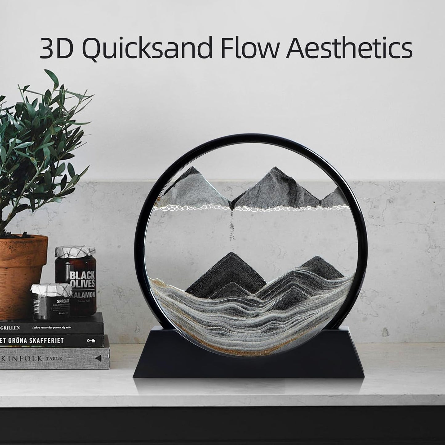 KPNUWN Moving Sand Art Liquid Motion, 3D Deep Sea Sandscape Color Quicksand Decor, Round Glass Moving Sand Art Picture Relaxing Desktop Home Office Work Decor (12 inch-Black)