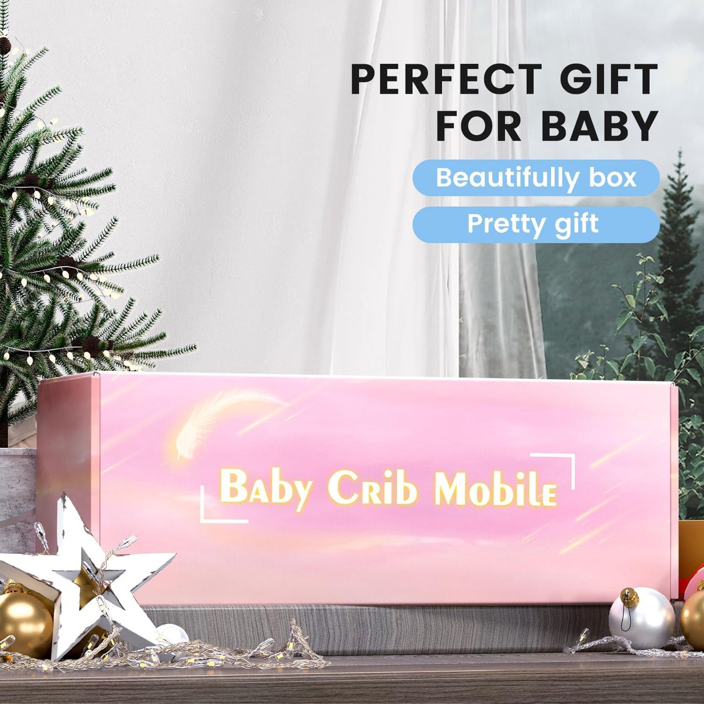 FEISIKE Crib Mobile for Girls Baby Mobiles with 3 Modes Digital Music Box（Turn Only, Music Only, Turn & Music, 35 Lullabies, Pink Elephant Nursery Mobile, Clamp Type, Pretty Box Packaging