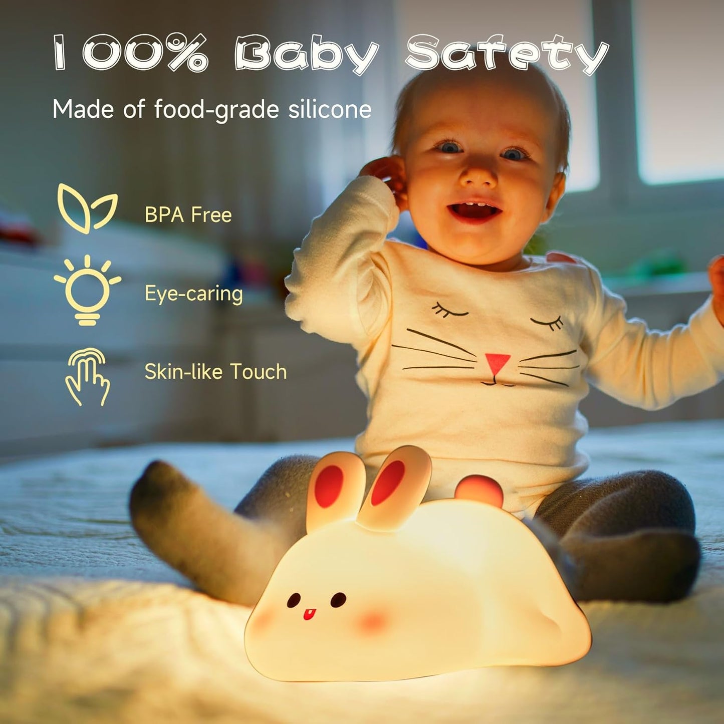 Big Face Rabbit Night Light, Adorable LED Bunny Night Lamp, Silicone Dimmable Nursery Nightlight for Girls, Silicone Rechargeable Bedside Touch Night Lights for Easter Decor