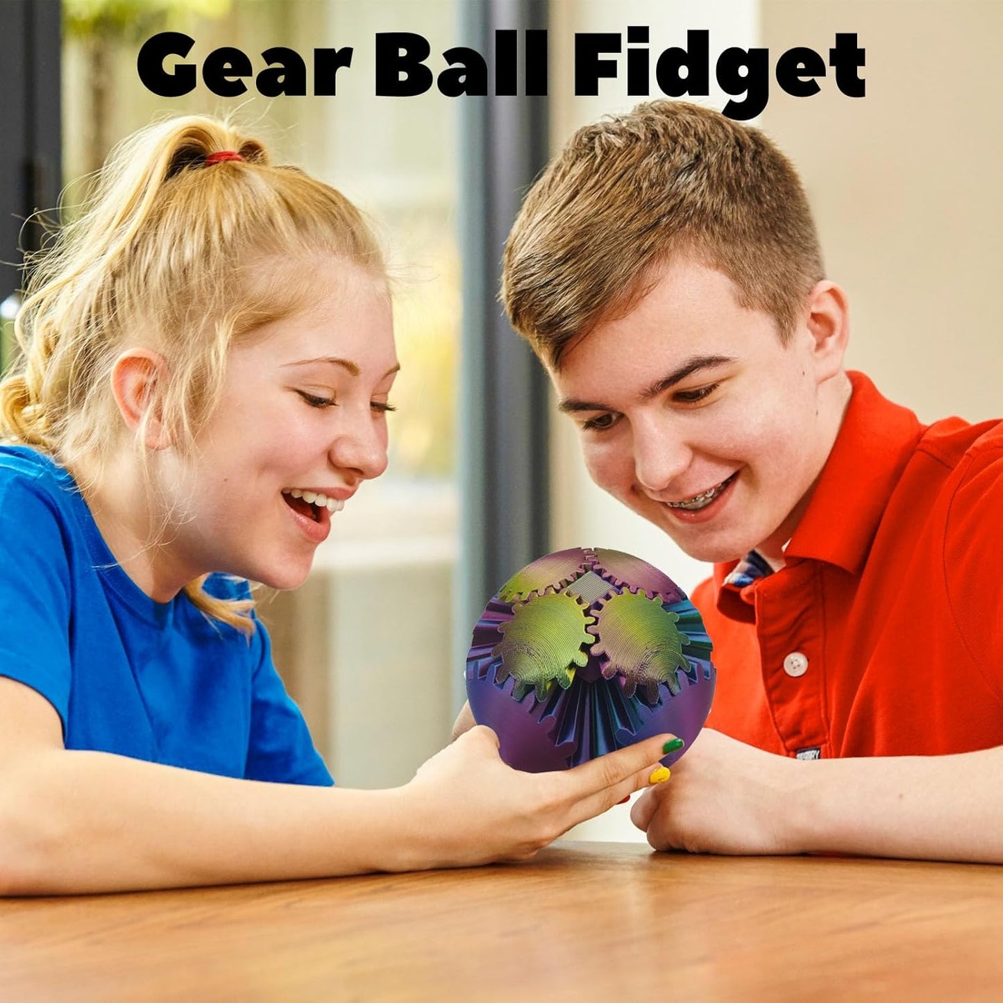 3D Printed Gear Ball Spin Ball, 4inch Large Gear Ball Fidget Toy, Gear Sphere Cube Puzzle, Gearball Fidget Desk Toy, Gearsphere Steampunk Whirling Wonder Fidget Stress Ball (Yellow Blue)