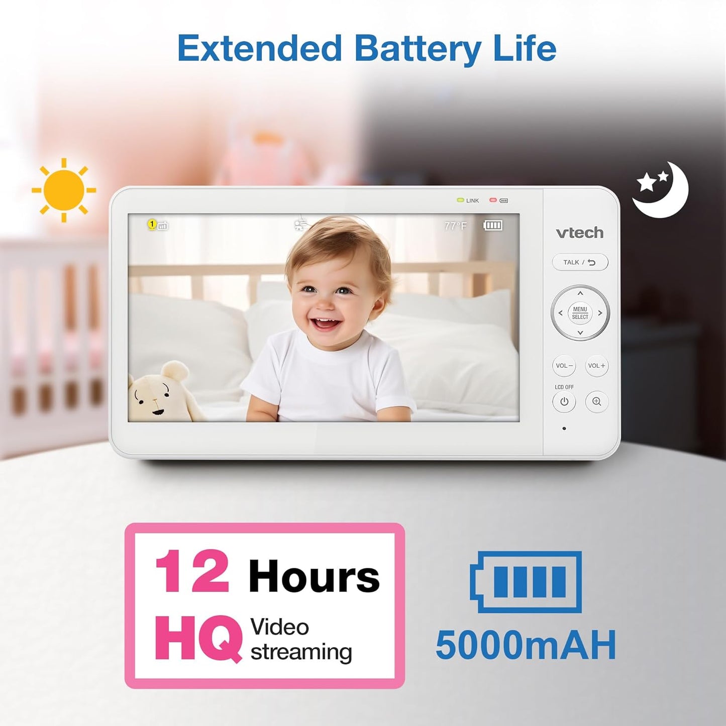 VTech [2025 Upgrade Baby Monitor with 7" IPS Screen, Pan Tilt Zoom Camera, No WiFi Video Baby Monitor with Camera and Audio, Multi-Color Night Light, 2-Way Talk, Lullabies, Advanced HQ Max