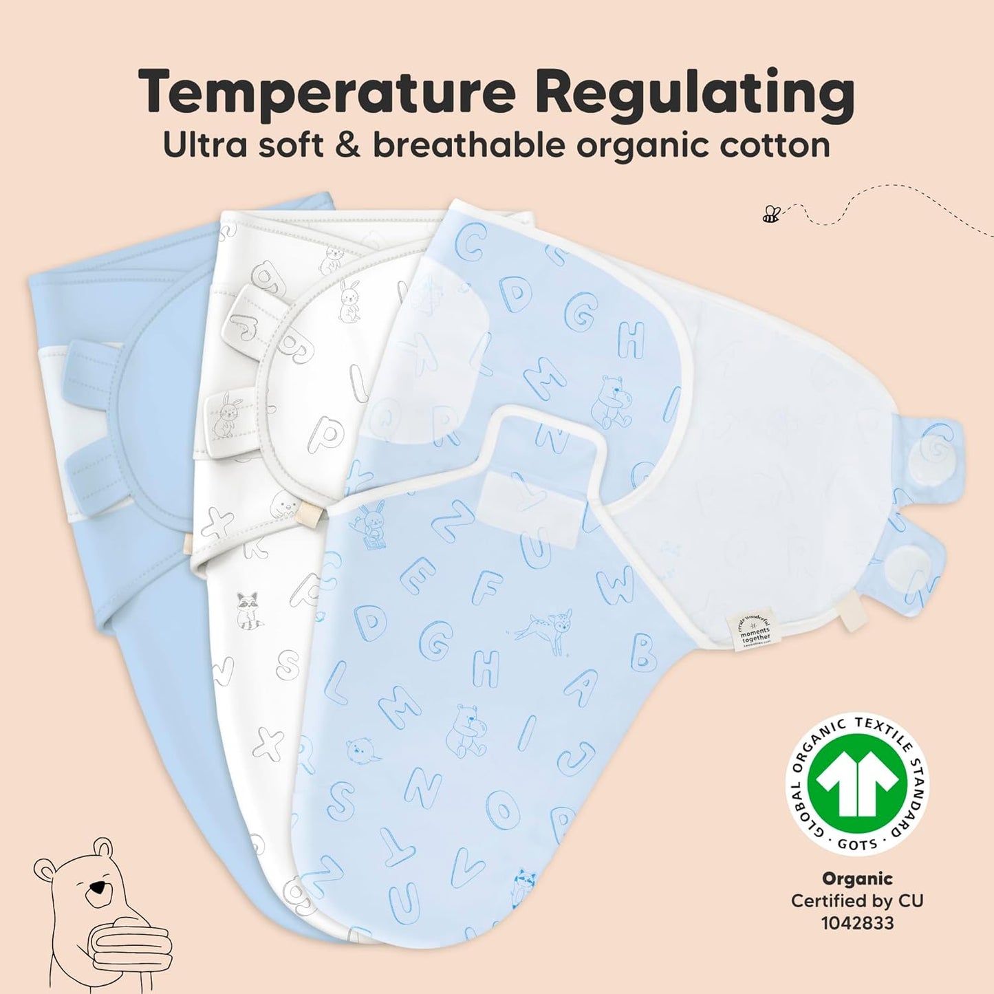 3-Pack Organic Baby Swaddle Sleep Sacks - Swaddles for Newborns, Infant 0-3 Months, Baby Girls, Boys, Soft & Snug Newborn Sleep Sack, Nursery Swaddling Blankets (ABC Land Cloud)