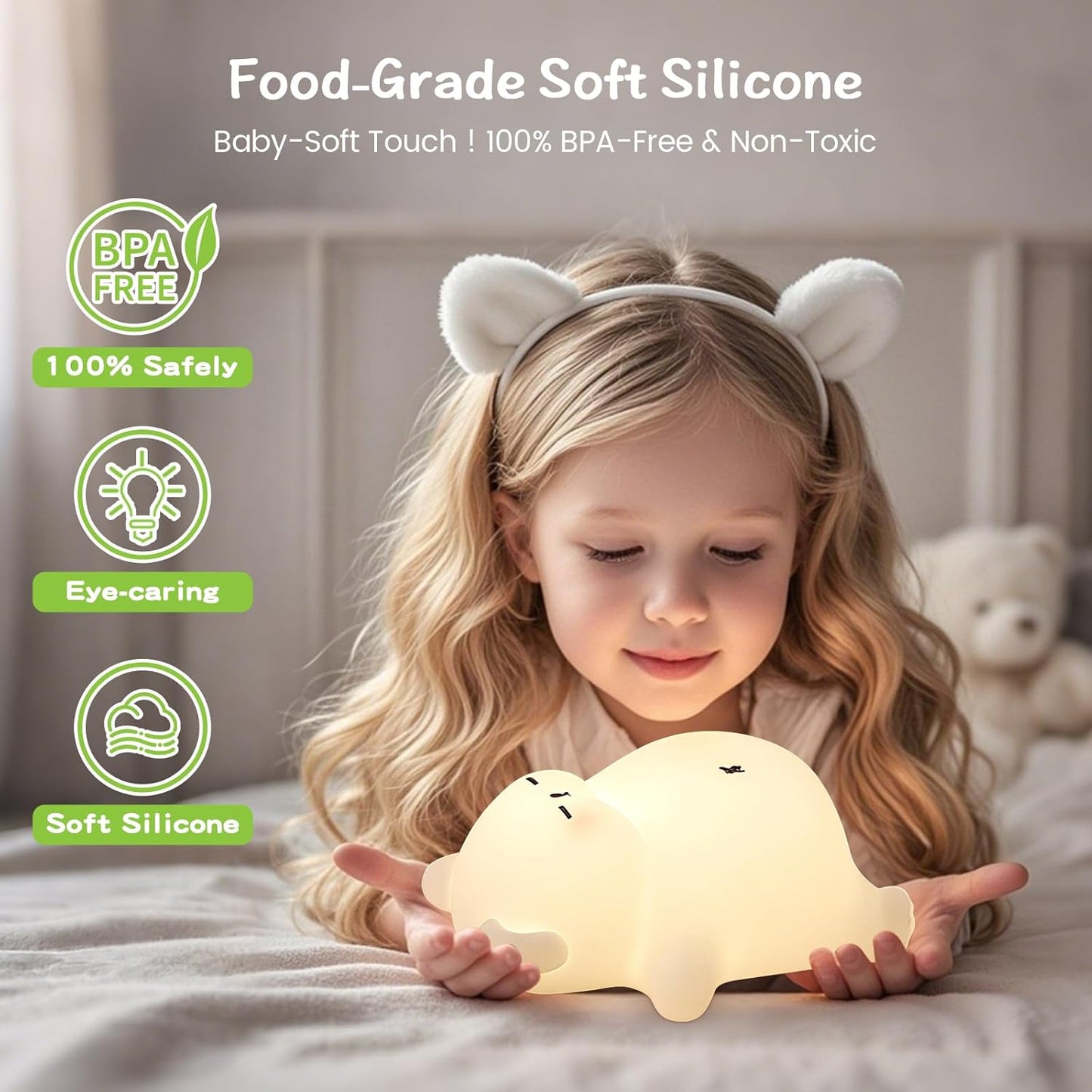 Snoring Bear Night Light – Adorable Gift for Kids, Babies, Moms & Seniors – Soft Silicone Sleep Lamp with Sound, 3 Brightness Levels, 30-Min Timer – BPA-Free Bedside Nightlight